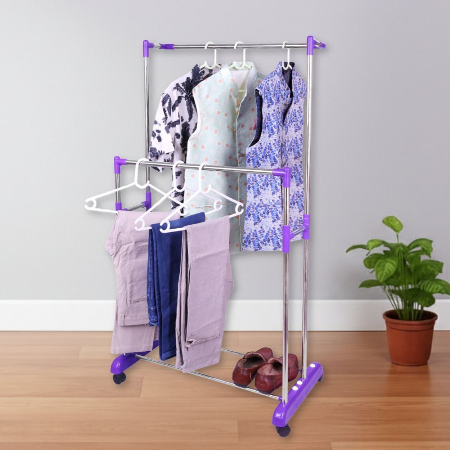 Image of Unizone Steel, Plastic Floor Cloth Dryer Stand Portable Wardrobe Style Cloth Hanging Stand Stainless Steel & Plastic with Wheel