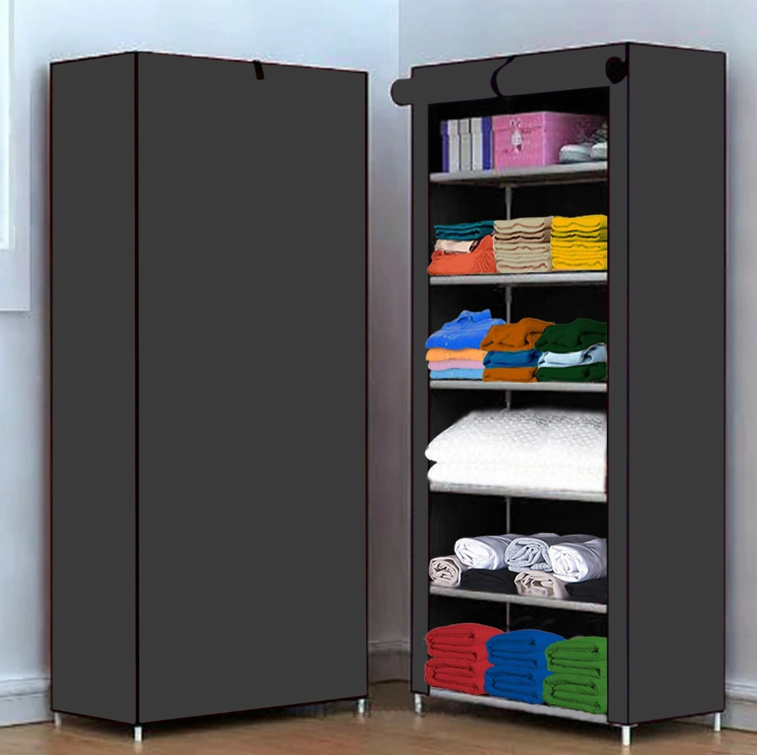 Image of FurniGully 1 Door 6 Shelf Fabric Carbon Steel PP PP Collapsible Wardrobe