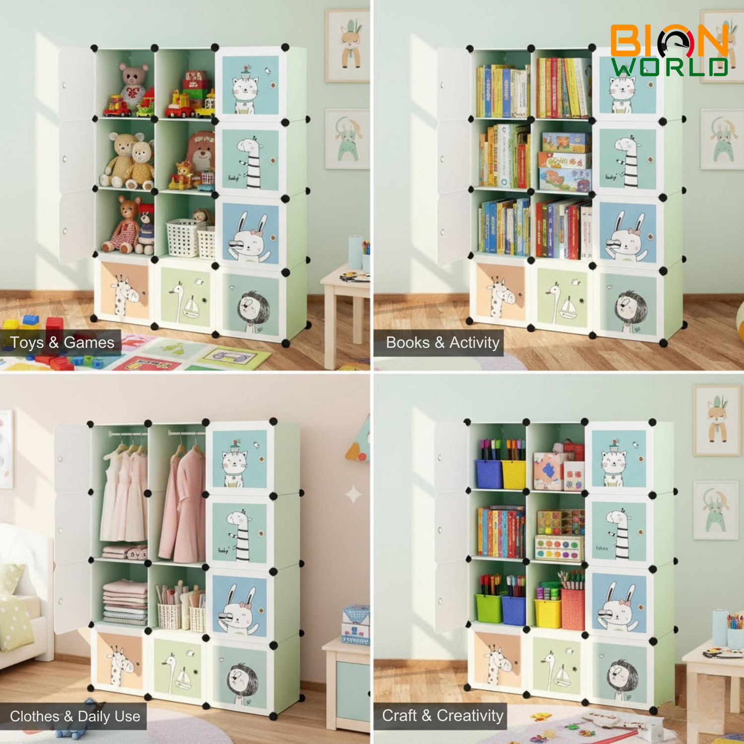 Image of BIONworld Collapsible Plastic Wardrobe, 12-Shelf | Cartoon Print Kids Almirah for Clothes PP Collapsible Wardrobe