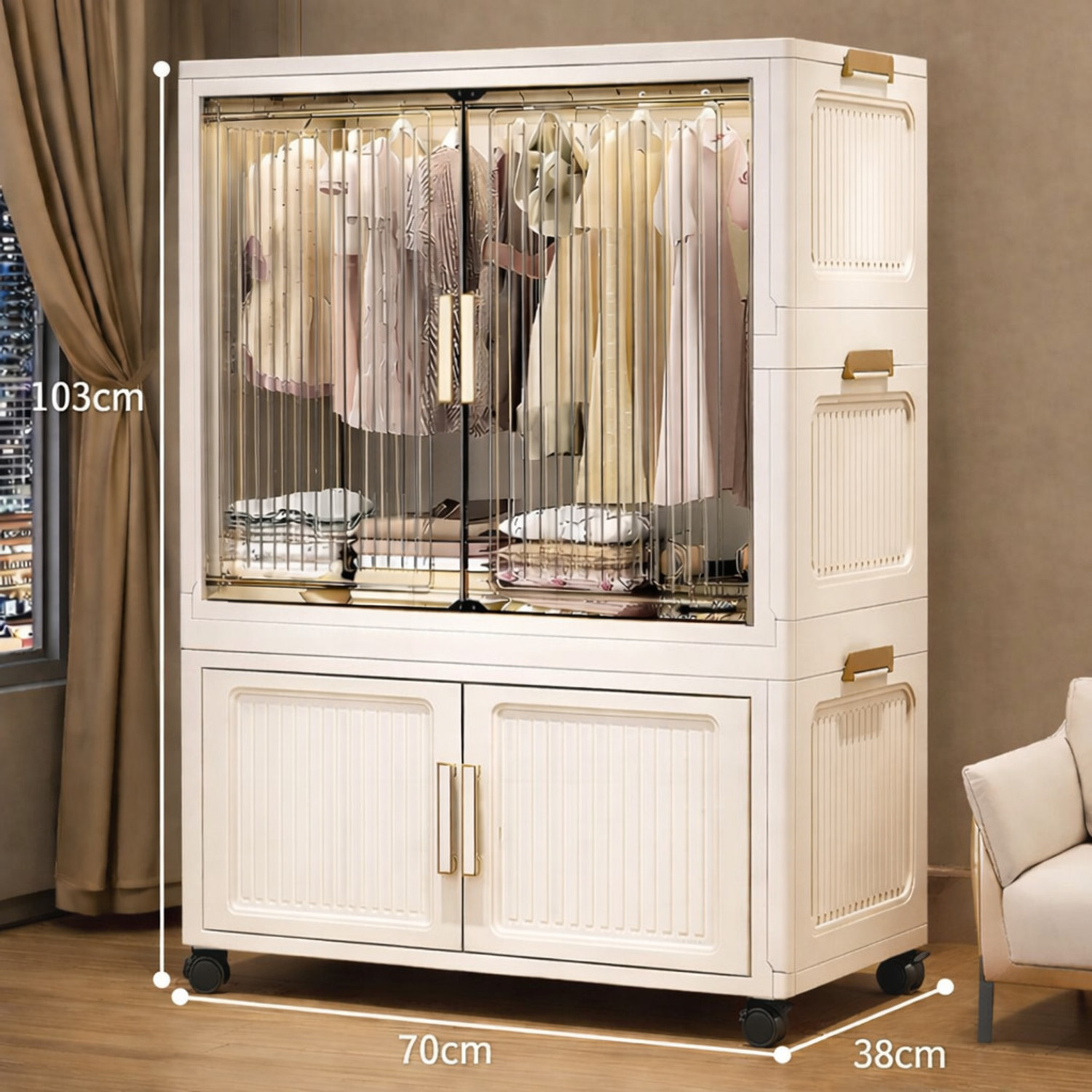 Image of Sasimo 1-Wardrobe 4-Door 2-Shelf Plastic foldable Cupboard PC Collapsible Wardrobe