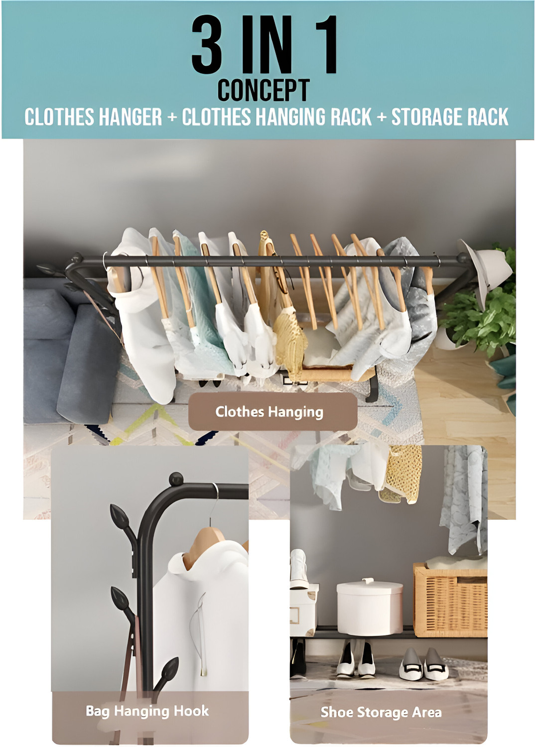 Image of AD-RML Metal Multi functional Heavy-Duty Garment Stand Cloth Rack Freestanding Storage Carbon Steel Collapsible Wardrobe