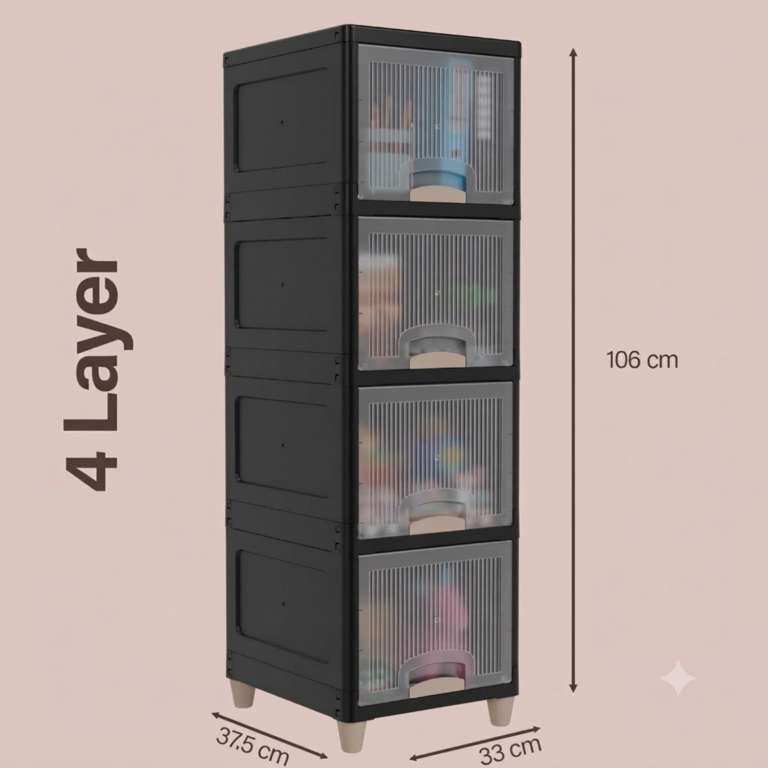 Image of Sumoware 4 Layer Foldable Plastic Storage Cabinet with Transparent Doors for Books, Plastic Free Standing Cabinet