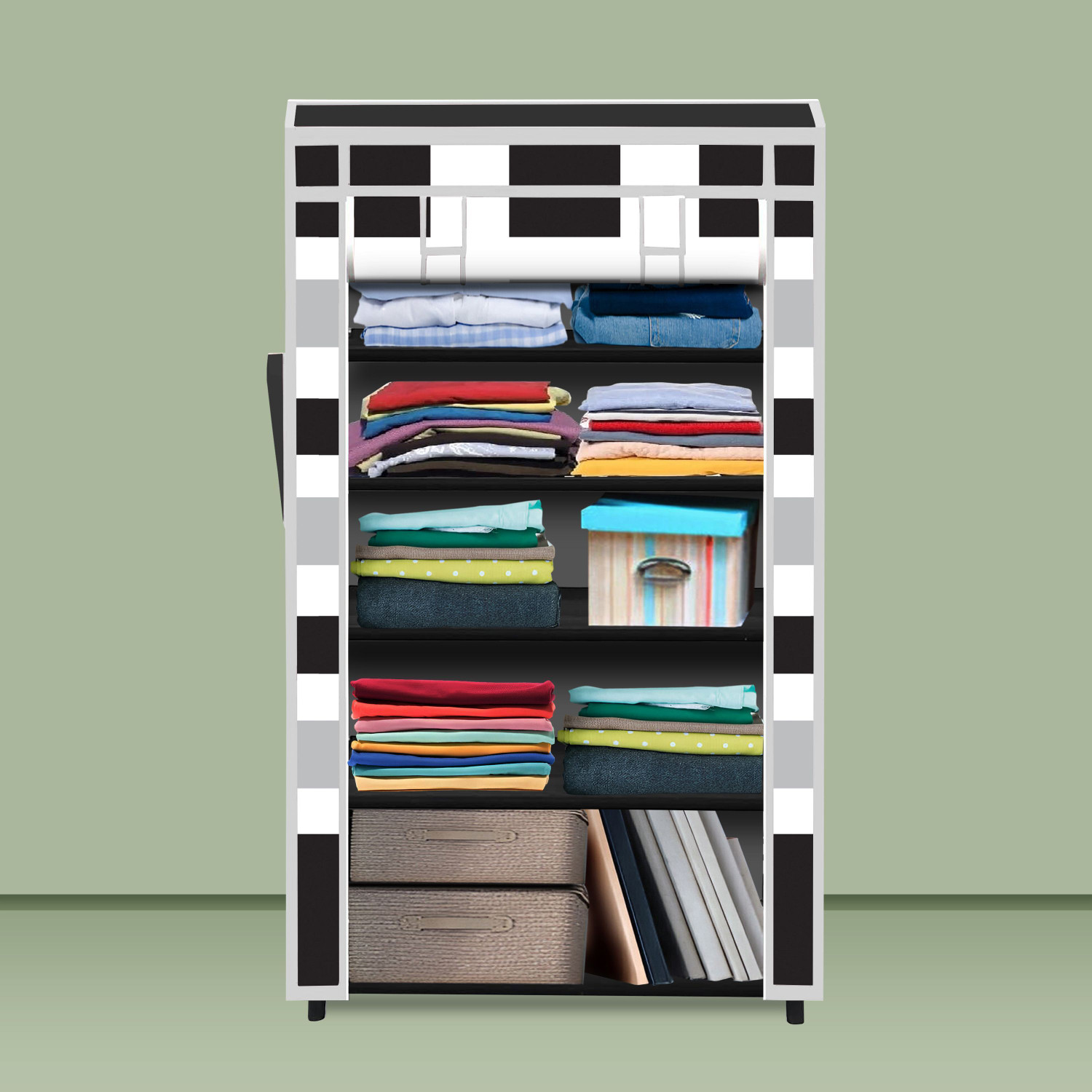 Image of FurniGully 5 Shelf Foldable Collapsible Wardrobe Storage Organizer Almirah Cloth Rack Carbon Steel Collapsible Wardrobe