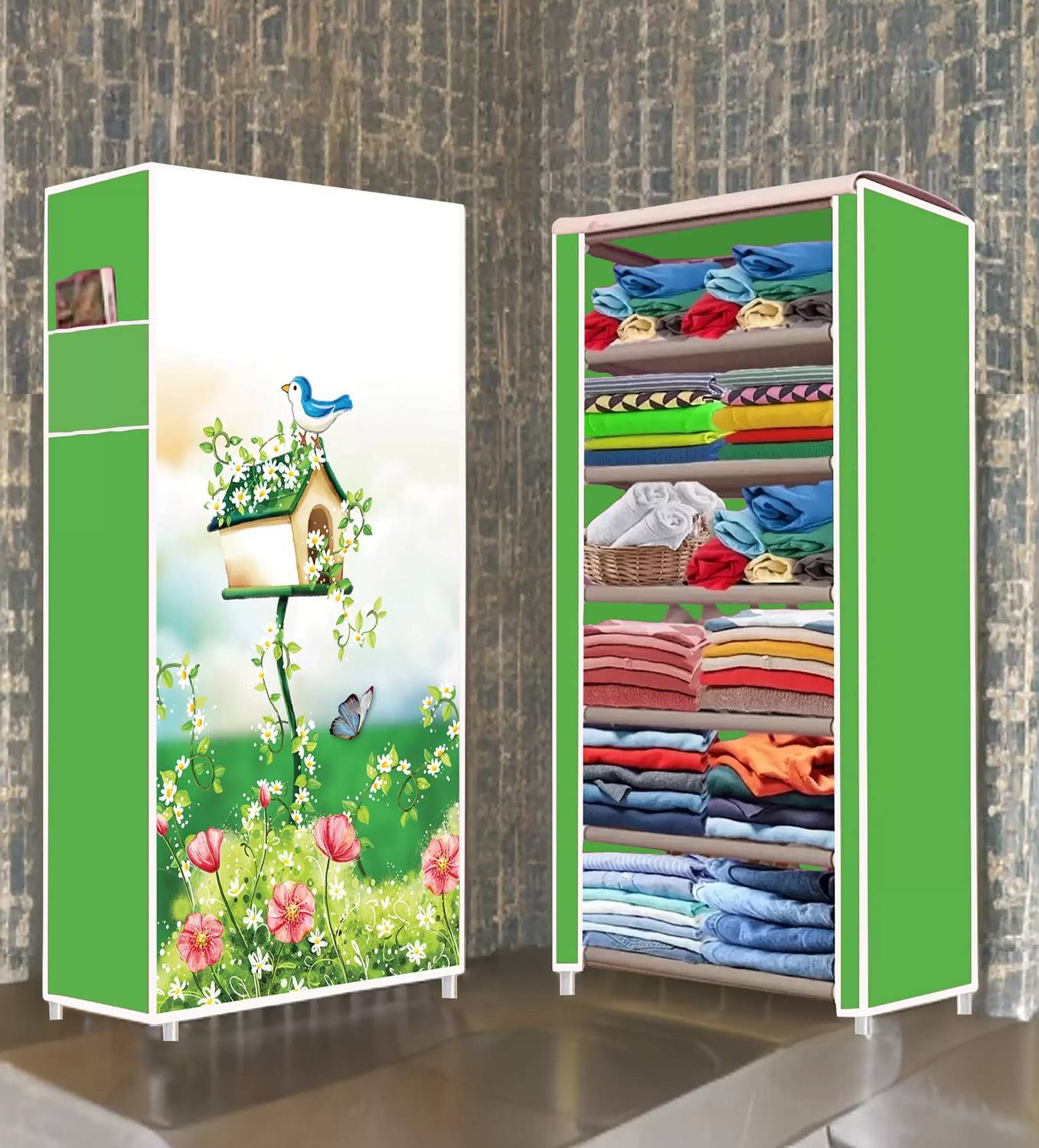 CMerchants Bird Tree House Print Green Wardrobe 6 Layer PP Collapsible Wardrobe