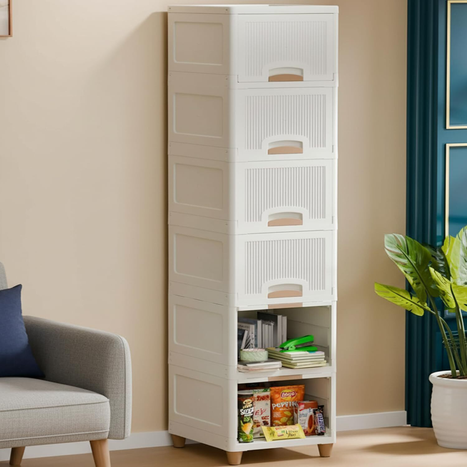 Image of MECHON 6 Layer Foldable Cabinet Plastic Cupboard For Storage Plastic Modular Drawer Plastic Free Standing Cabinet
