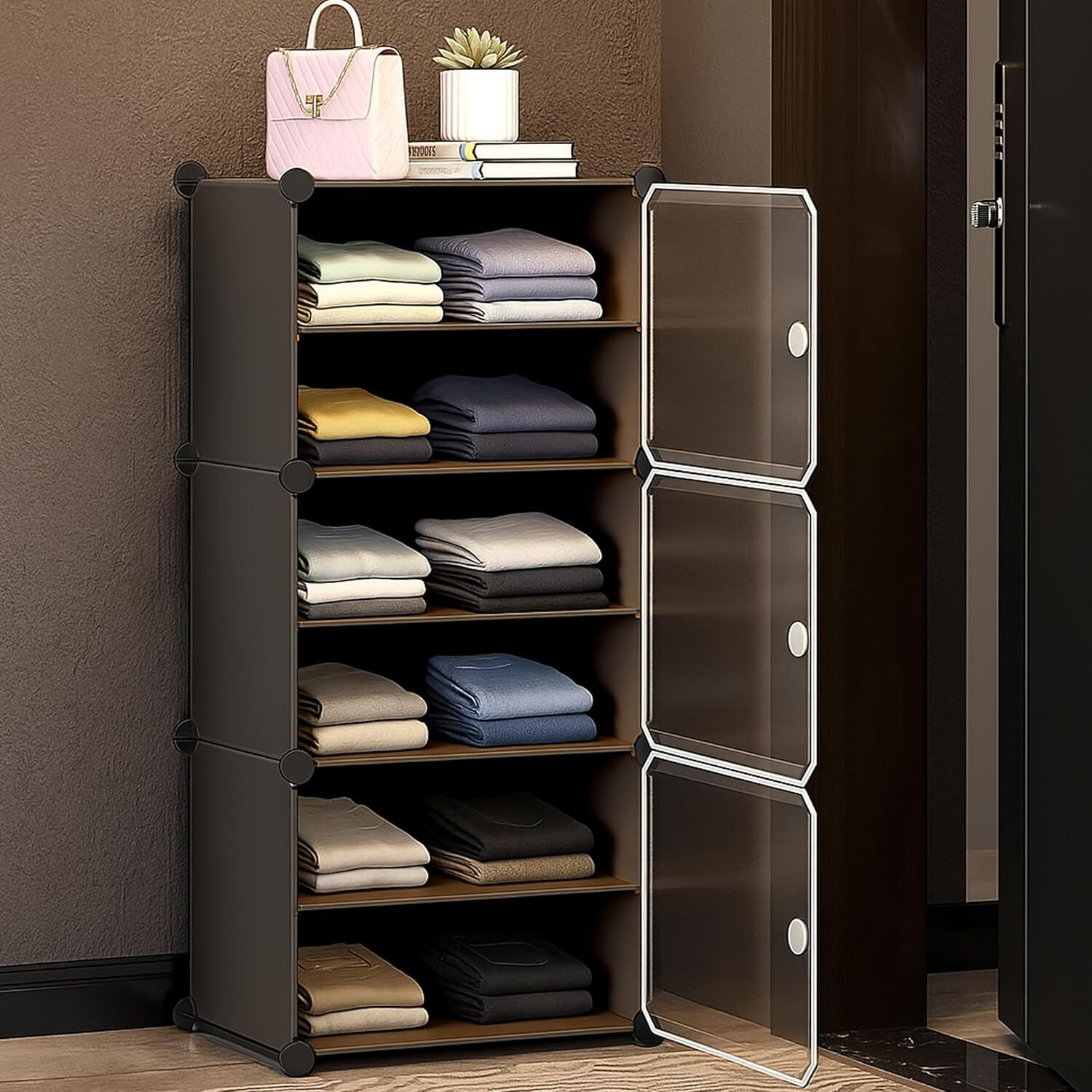 Image of COROID 3-Door-6 Shelf Plastic almari Cupboard of clothes Storage Rack Closest Organizer PC Collapsible Wardrobe