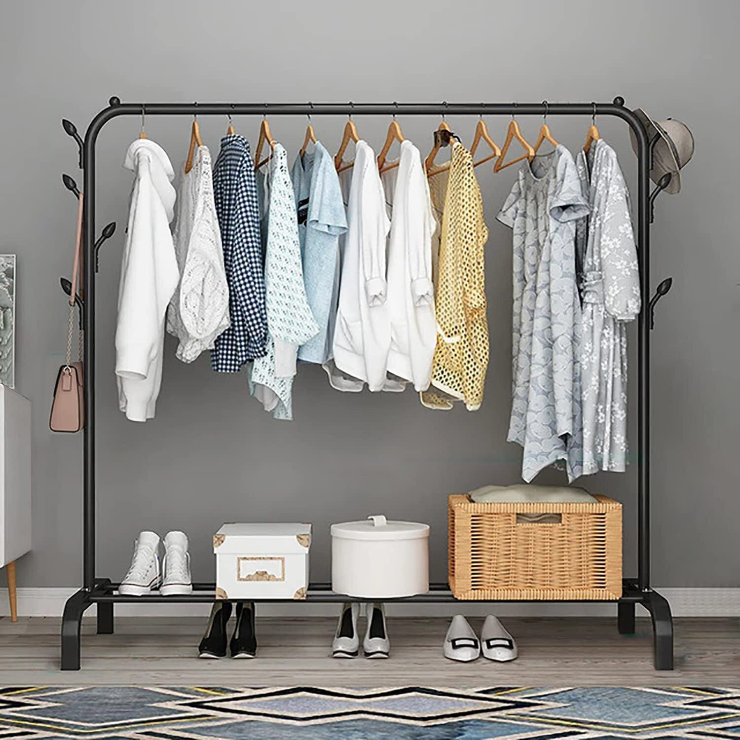 Image of CREXOS Aluminium Wall Cloth Dryer Stand Storage Rack 6 Hooks Coat and Umbrella Metal PP Collapsible Wardrobe