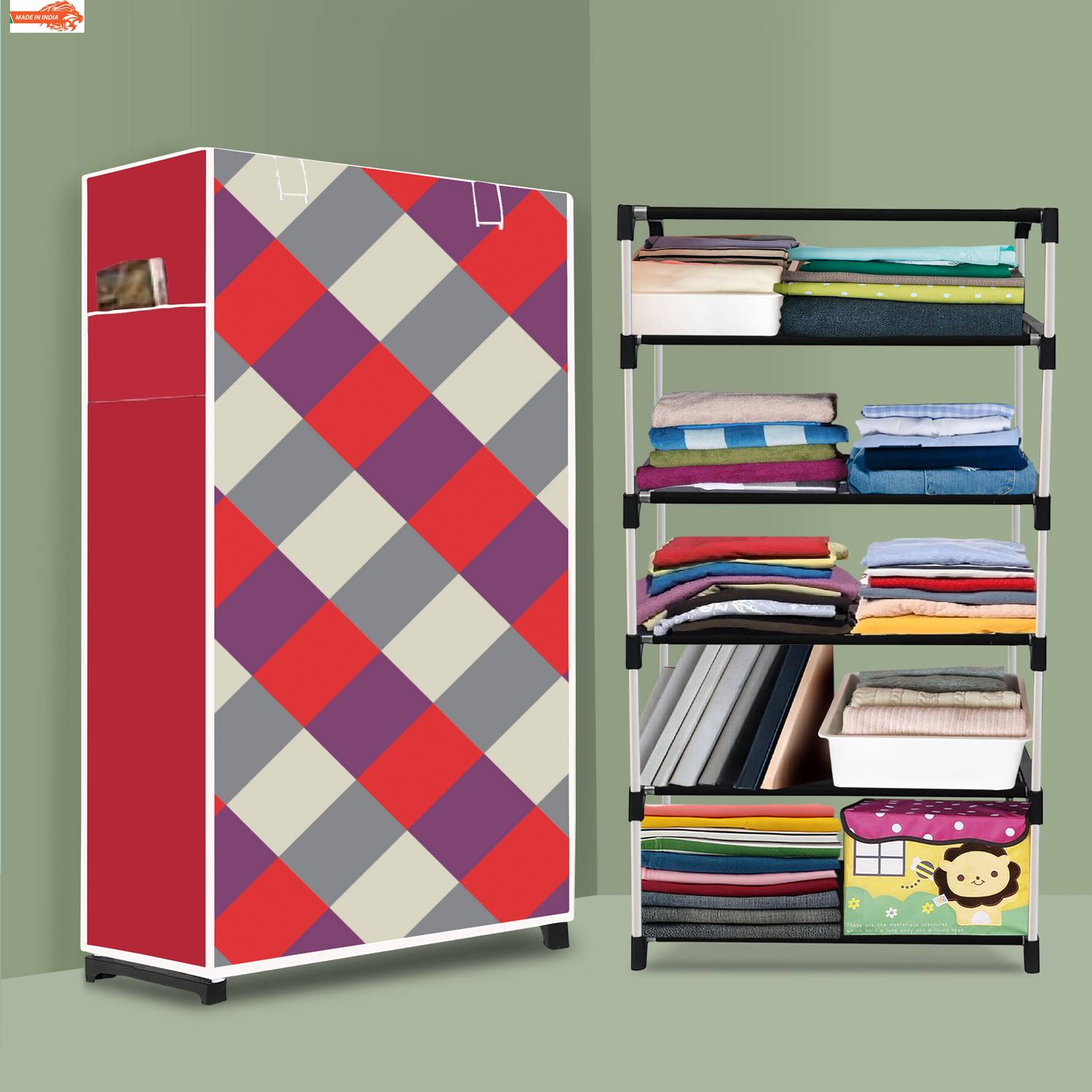 Ascension 5 Shelf Foldable Collapsible Wardrobe Storage Organizer Almirah Cloth Rack PVC Collapsible Wardrobe