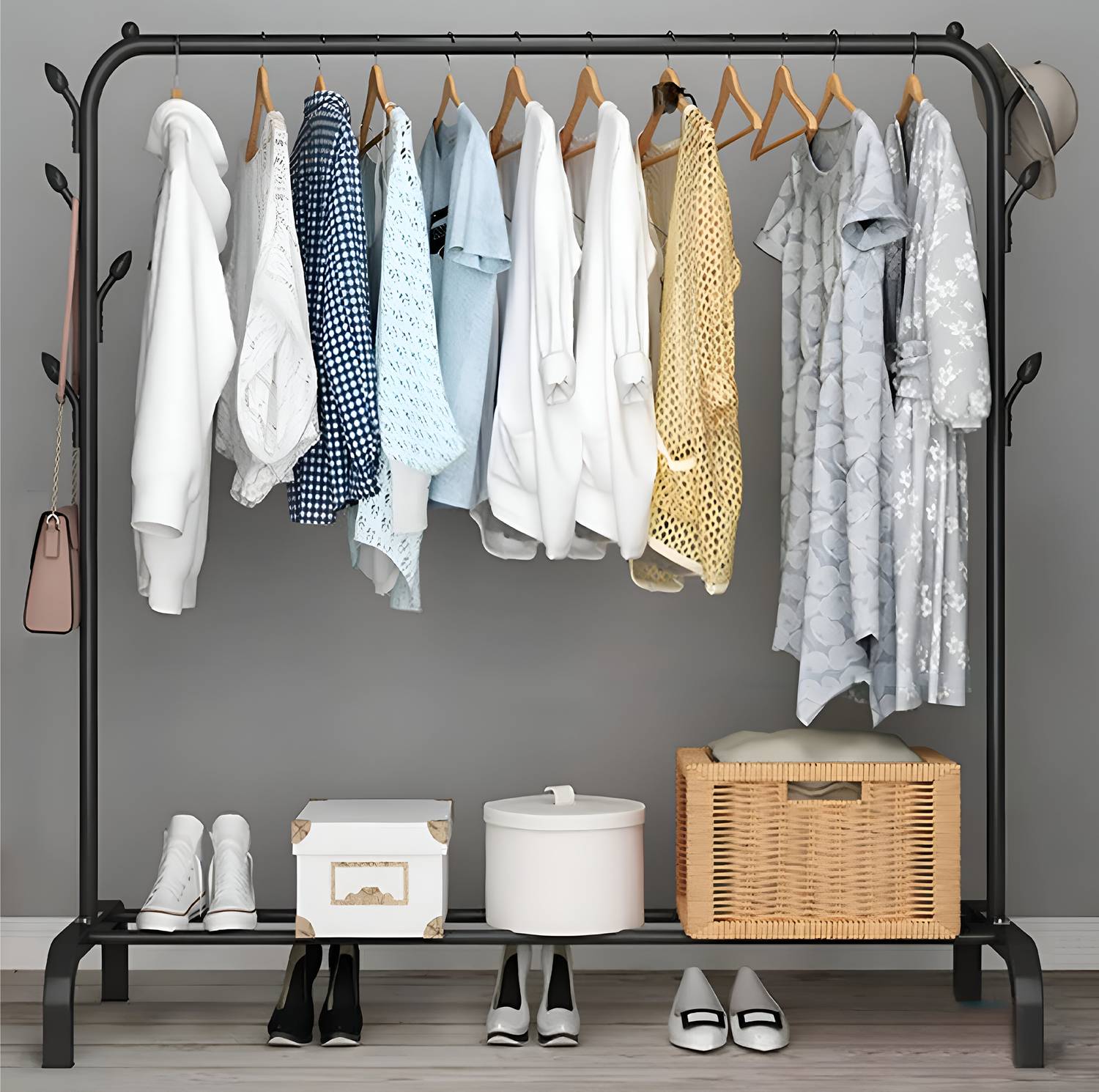 AR-NMAS Heavy Duty Carbon Steel Freestanding Garment Rack with Shoe Shelf for Bedroom Carbon Steel Collapsible Wardrobe