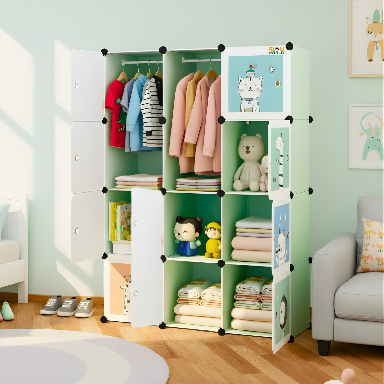 Image of BIONworld Collapsible Plastic Wardrobe, 12-Shelf | Cartoon Print Kids Almirah for Clothes PP Collapsible Wardrobe