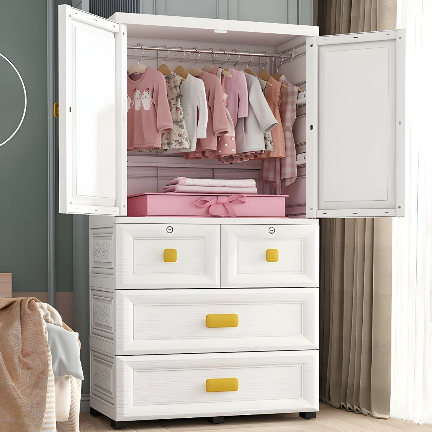 Image of Sasimo 1-Wardrobe 2-Door 5-Shelf Plastic foldable Cupboard PC Collapsible Wardrobe