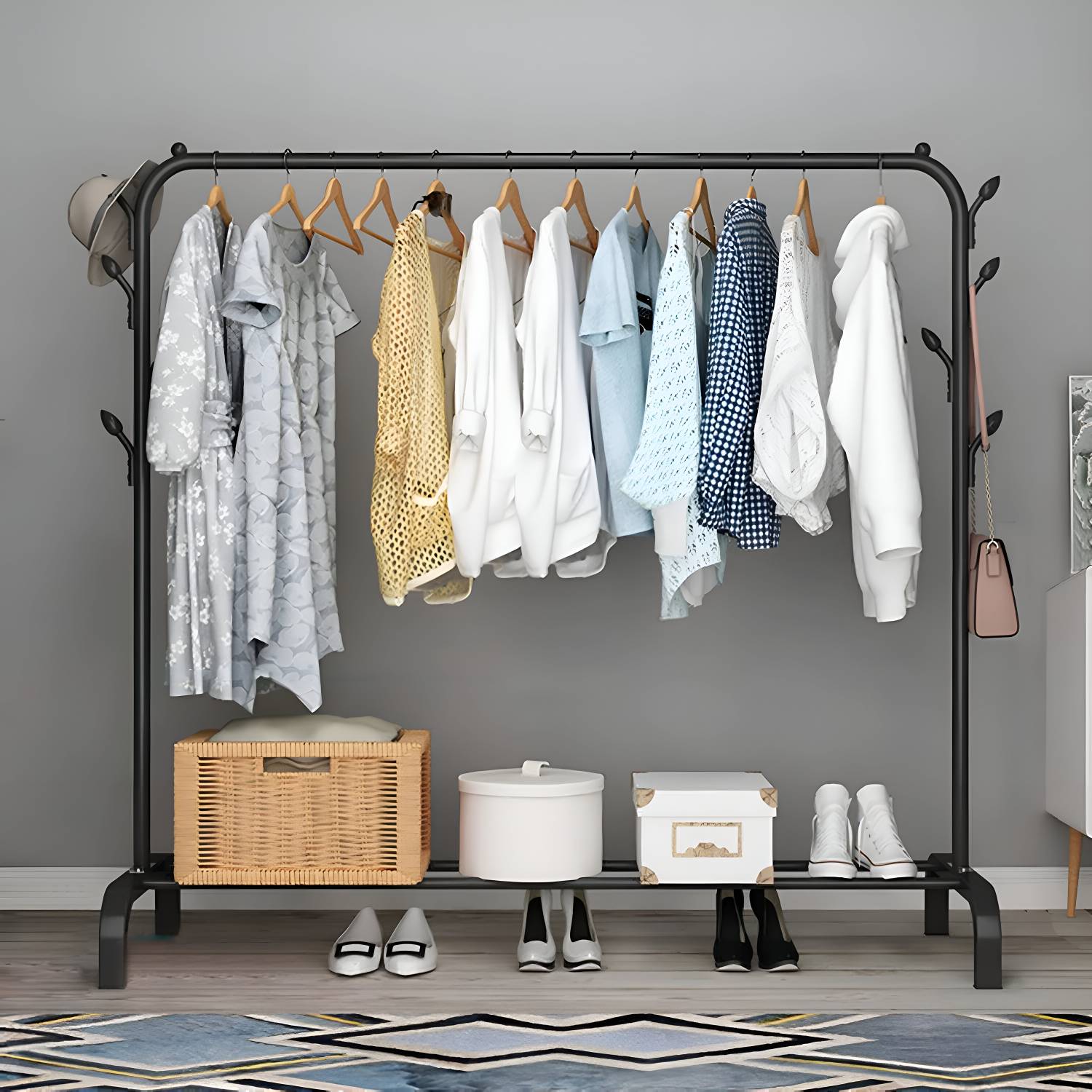 AR-NMAS Metal Garment Freestanding Rack HeavyDuty Indoor Bedroom ClothesCoat Shoes Stand Carbon Steel Collapsible Wardrobe