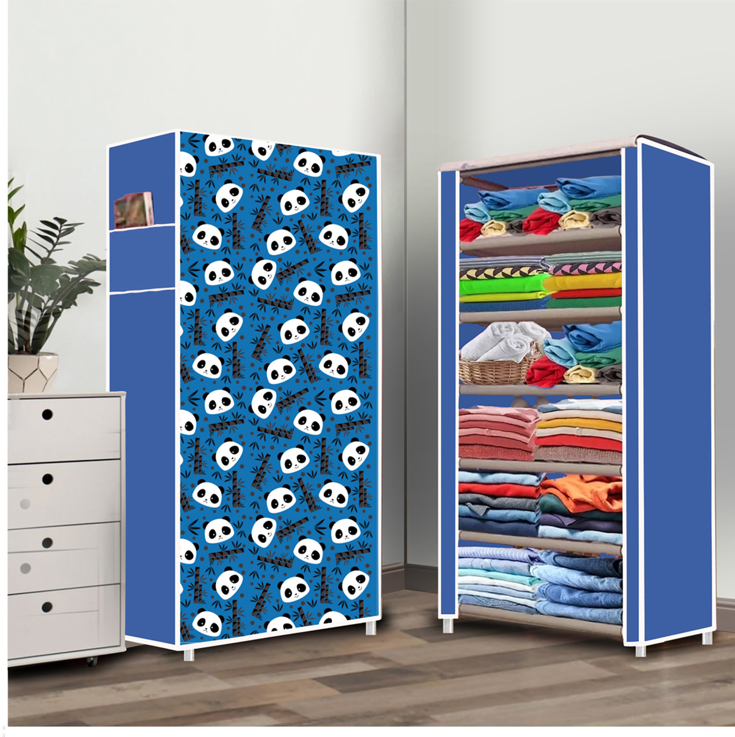 Image of Samaaya 6 Shelf Foldable Collapsible Wardrobe Storage Organizer Almirah Cloth Rack Cotton Collapsible Wardrobe (Finish Color - Before Christmas Blue (21), DIY(Do-It-Yourself))