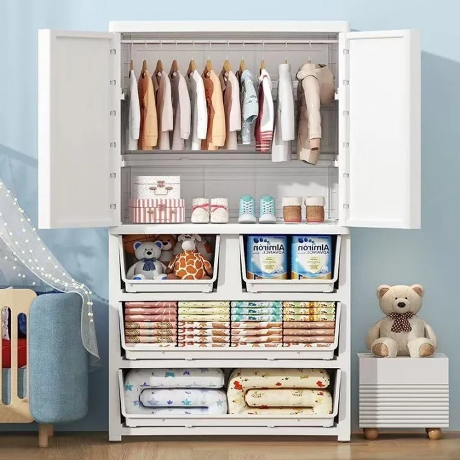 Image of Sasimo 1-Wardrobe 3-Drawer 3-Shelf Plastic foldable Cupboard PC Collapsible Wardrobe