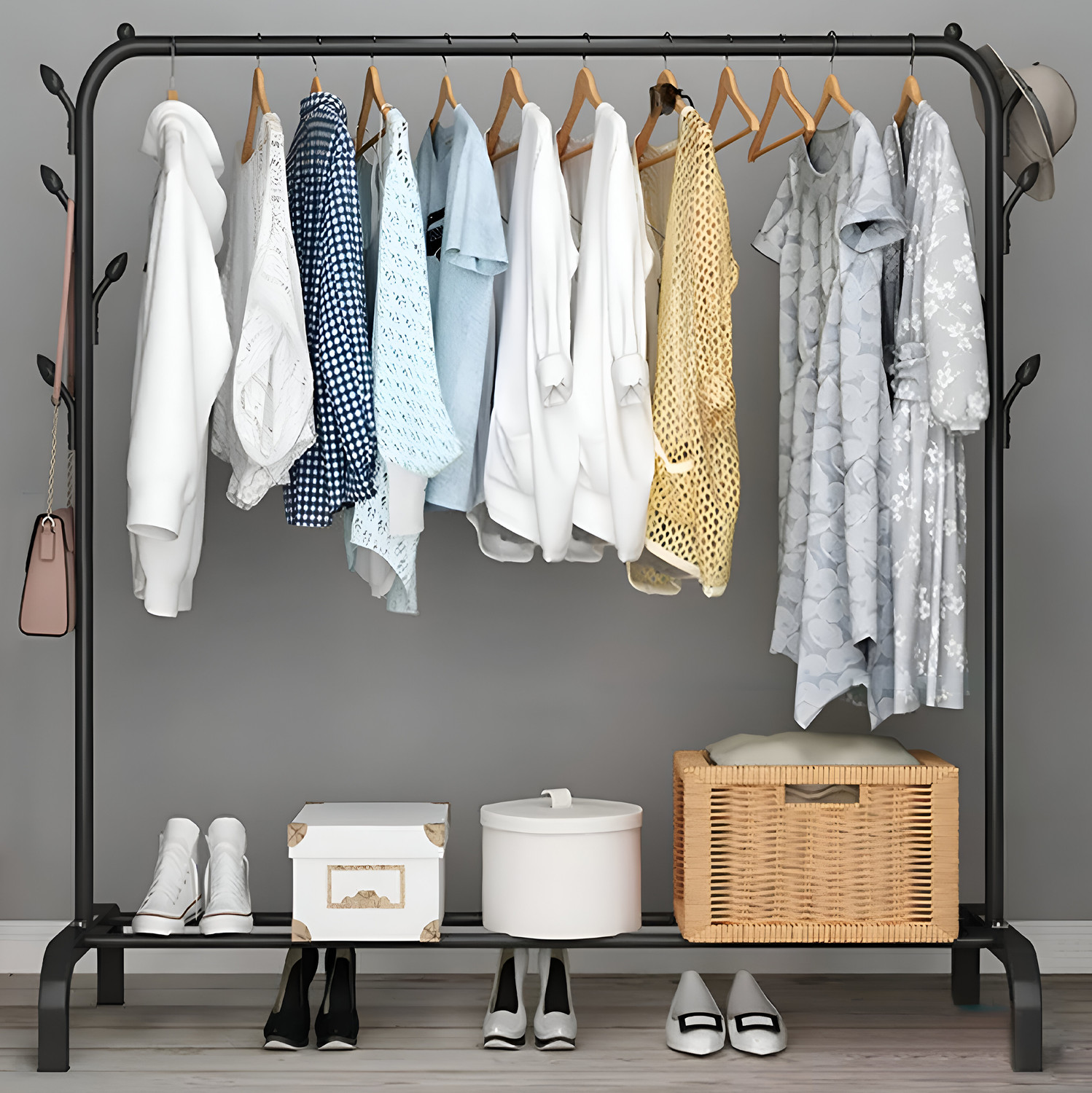 Image of MT-ZHJL Heavy Duty Carbon Steel Freestanding Garment Rack with Shoe Shelf for Bedroom Carbon Steel Collapsible Wardrobe