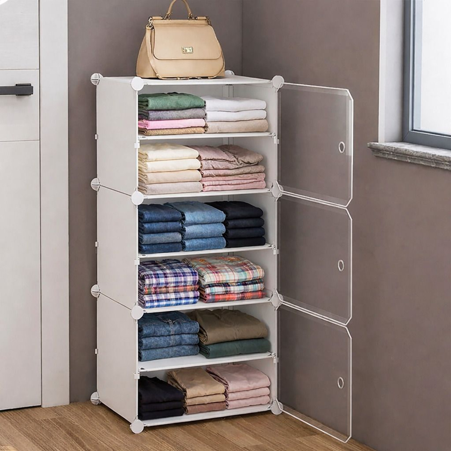 Image of Sasimo 3-Door 6-Shelf Plastic Collapsible Cupboard Carbon Steel Collapsible Wardrobe