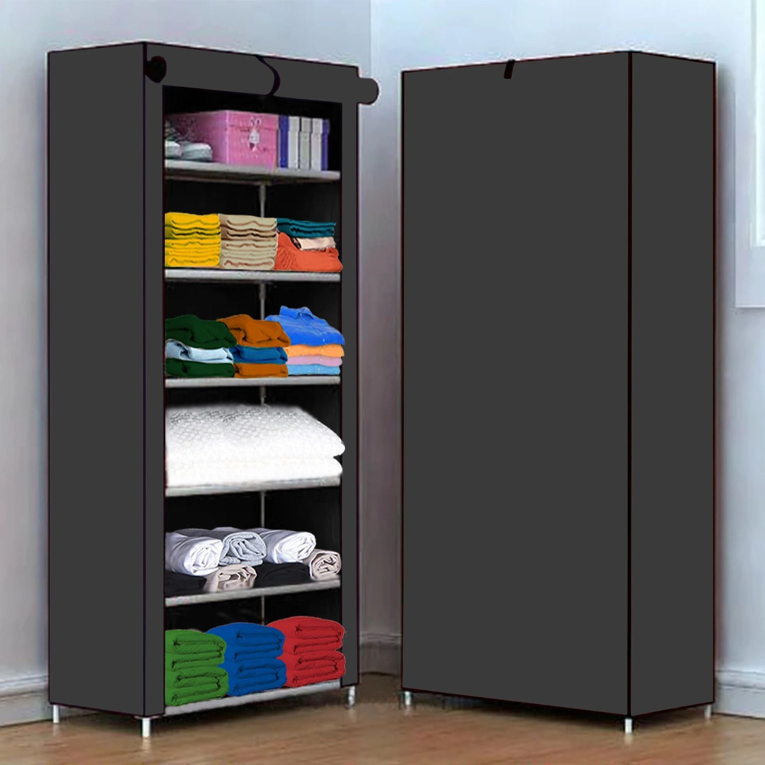 Image of FurniGully 1 Door 6 Shelf Fabric Carbon Steel PP PP Collapsible Wardrobe