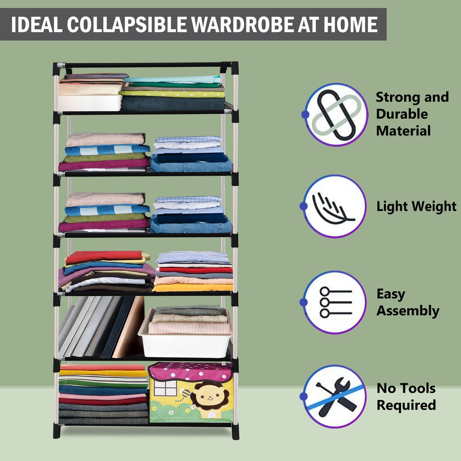 Image of Ryuga 6 Shelf Foldable Collapsible Wardrobe Storage Organizer Almirah Cloth Rack PP Collapsible Wardrobe