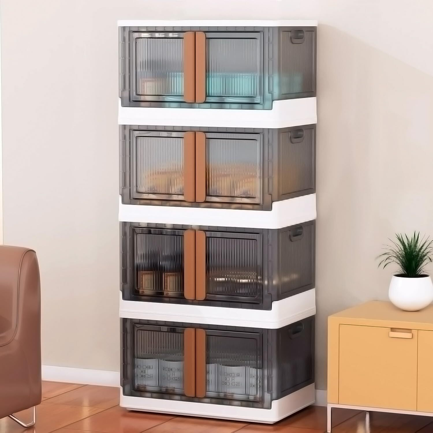 Image of FINWARE FINWARE Foldable 4-Layer Chest of Drawers - White & Grey Cupboard Drawers PP Collapsible Wardrobe