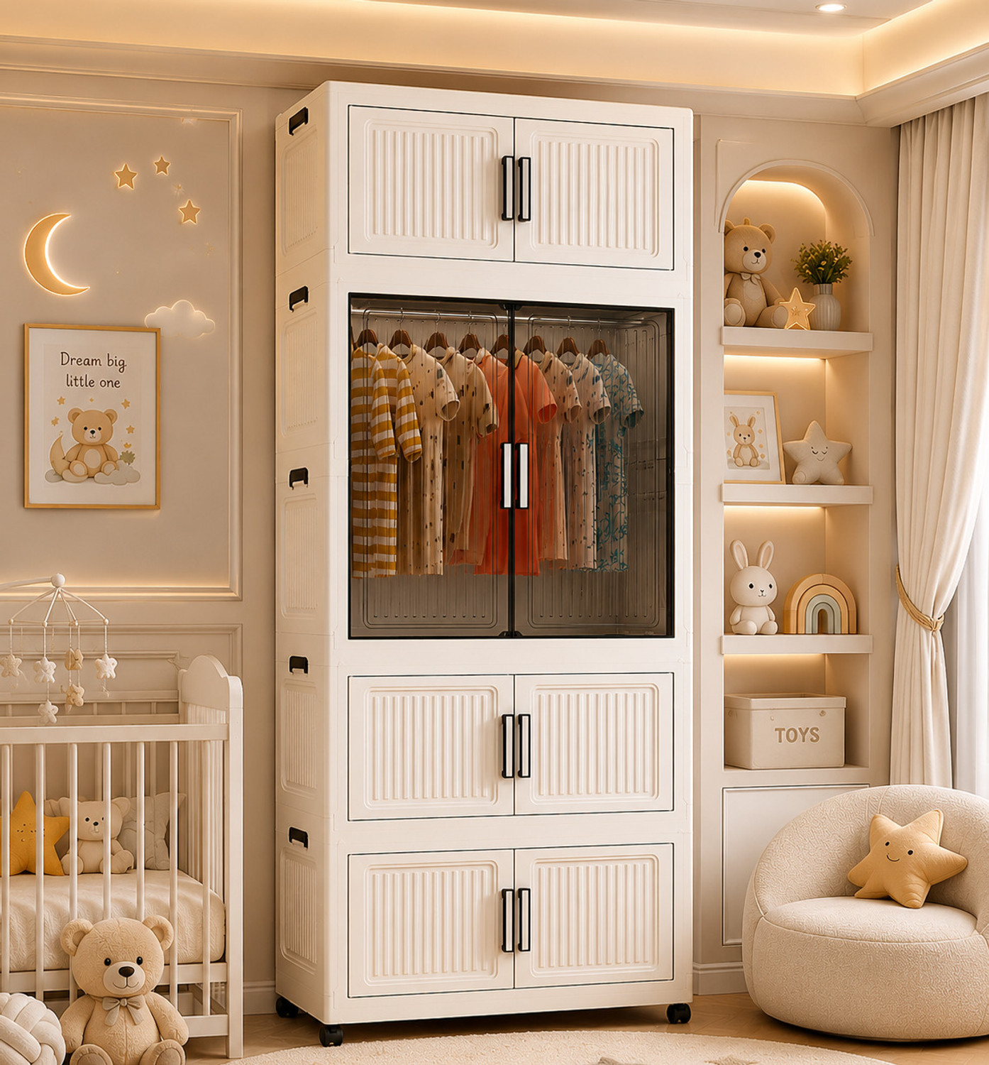 Image of Sasimo 1-Wardrobe 4-Door 4-Shelf Plastic foldable Cupboard PC Collapsible Wardrobe