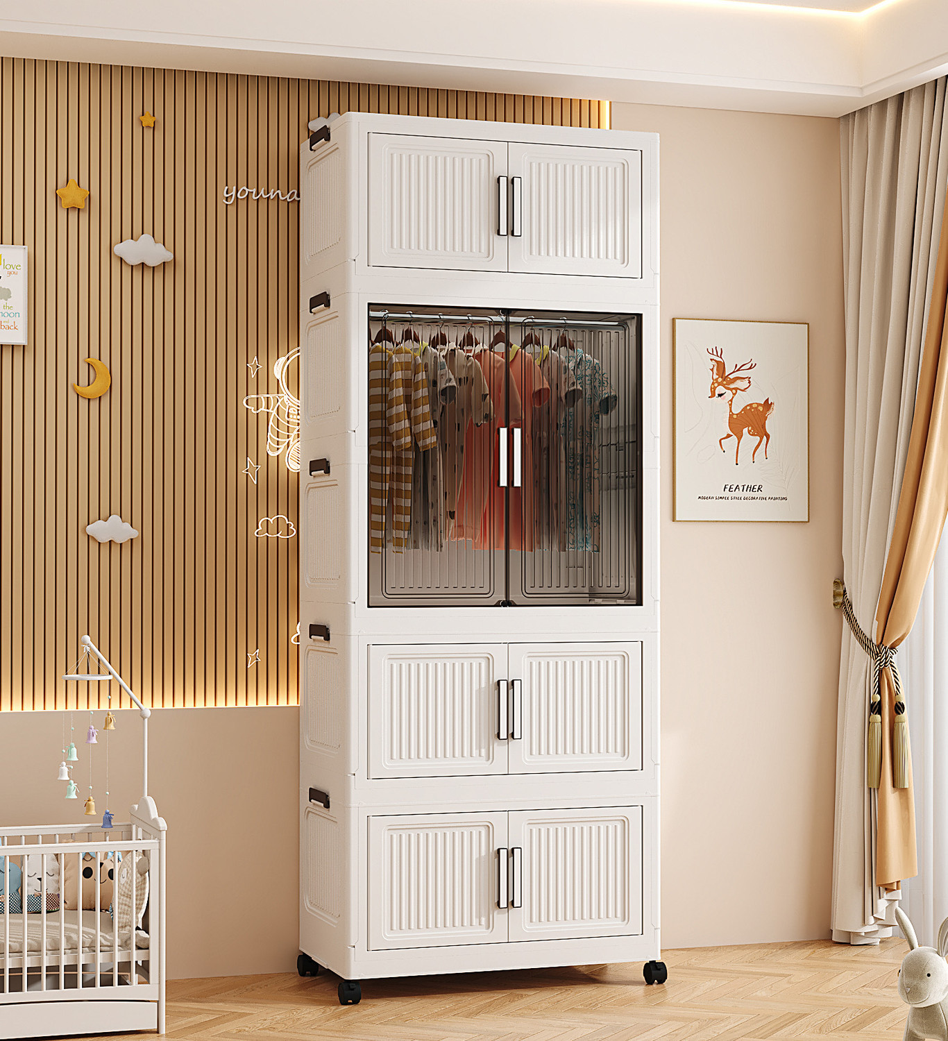 Image of Sasimo 1-Wardrobe 4-Door 4-Shelf Plastic foldable Cupboard PC Collapsible Wardrobe