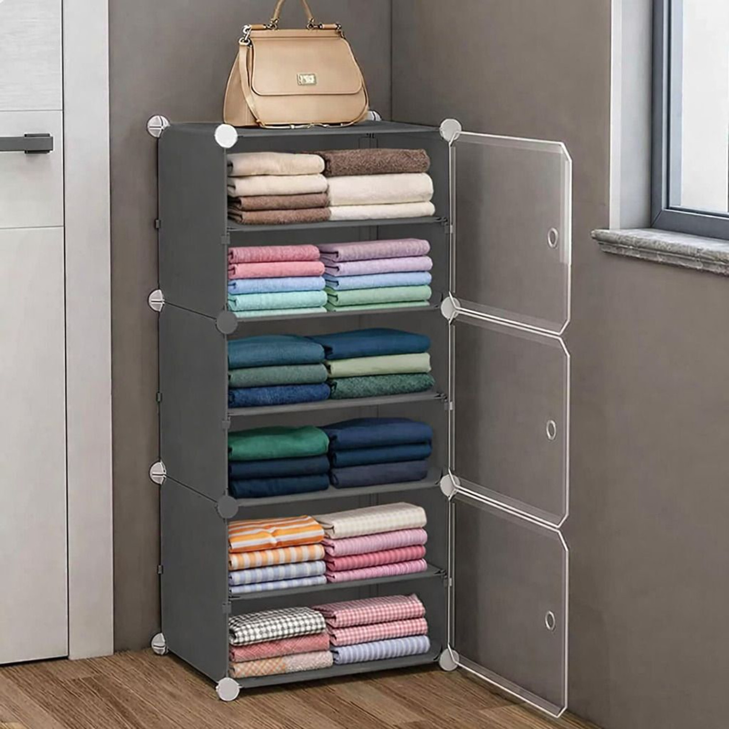 Image of Sasimo 3-Door 6-Shelf Plastic Collapsible Cupboard Carbon Steel Collapsible Wardrobe