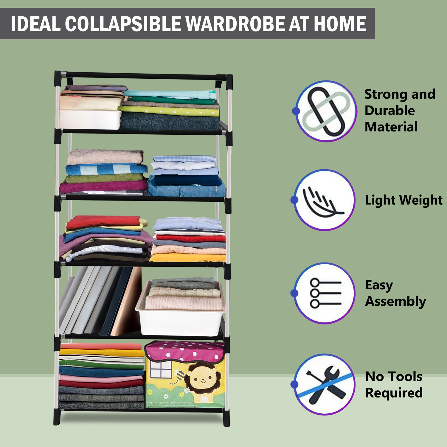 Image of FurniGully 5 Shelf Foldable Collapsible Wardrobe Storage Organizer Almirah Cloth Rack Carbon Steel Collapsible Wardrobe