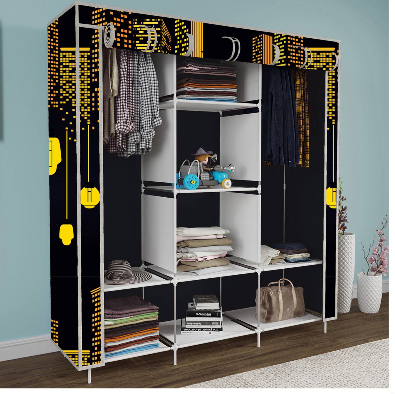 FurniGully 8 Shelf Foldable Collapsible Wardrobe Storage Organizer Almirah Cloth Rack PP Collapsible Wardrobe
