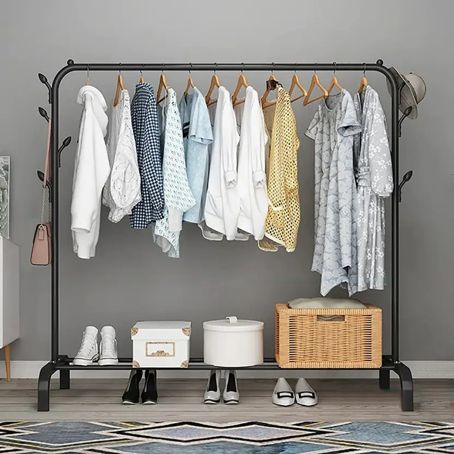 Image of LIGER BLINDS 1 Door 2 Shelf Open Coat clothes hanger stand PP Carbon Steel Collapsible Wardrobe
