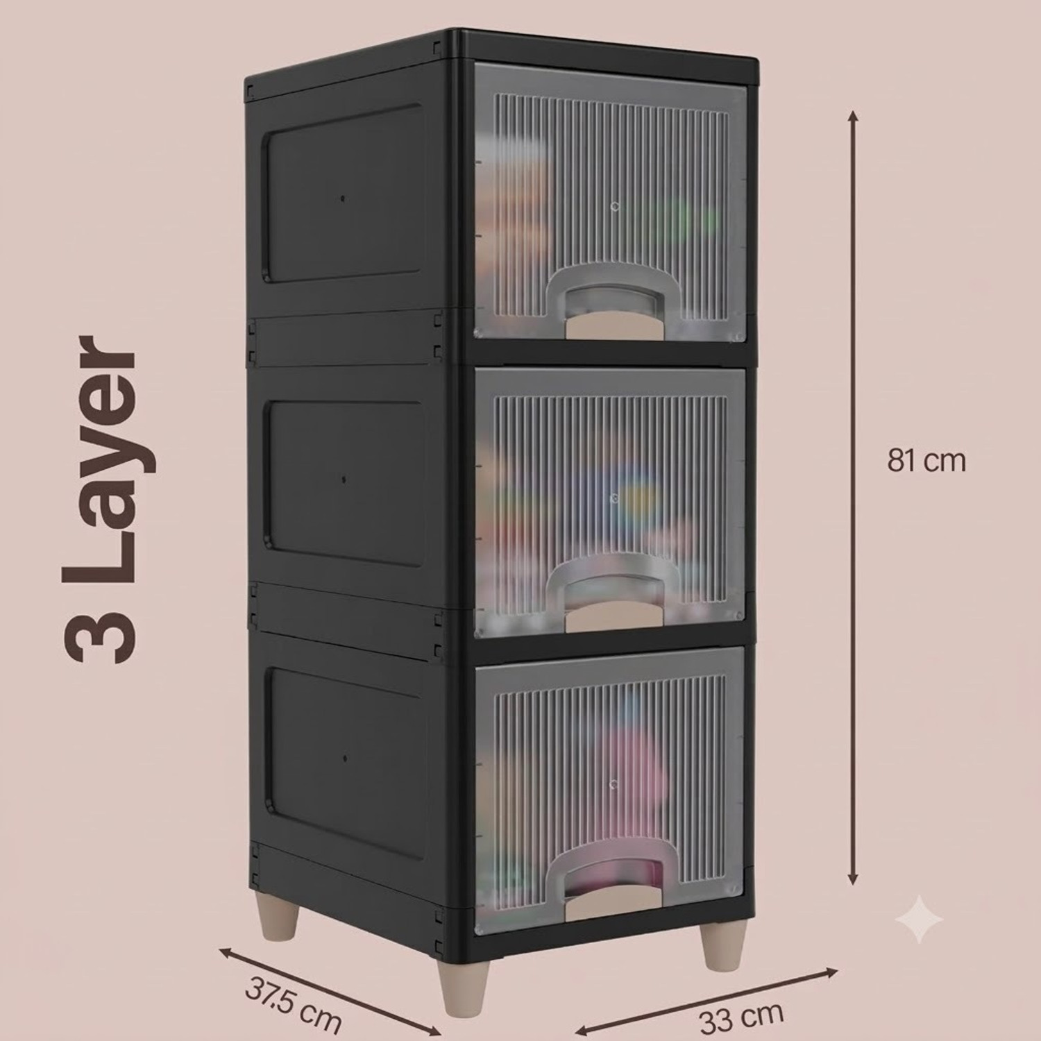 Image of Sumoware 3 Layer Foldable Plastic Storage Cabinet with Transparent Doors for Books, Plastic Free Standing Cabinet