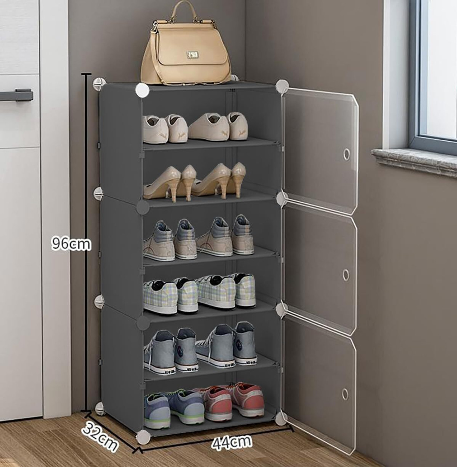 Image of Owme 6-Tier Plastic Shoe Rack with Dustproof Doors - Modular Shoe Cabinet Plastic Shoe Stand