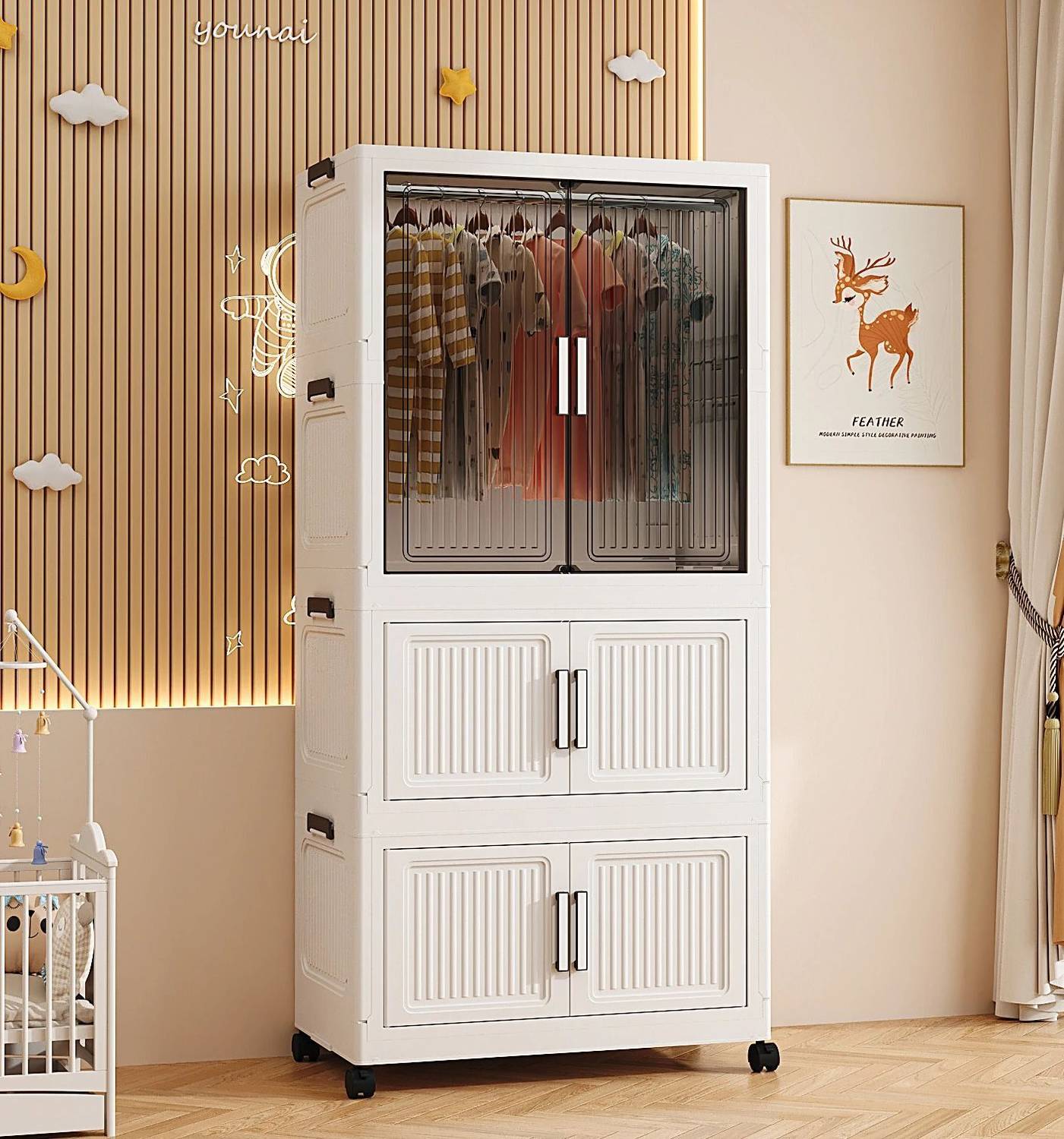Sasimo 1-Wardrobe 3-Door 3-Shelf Plastic Collapsible Cupboard PC Collapsible Wardrobe