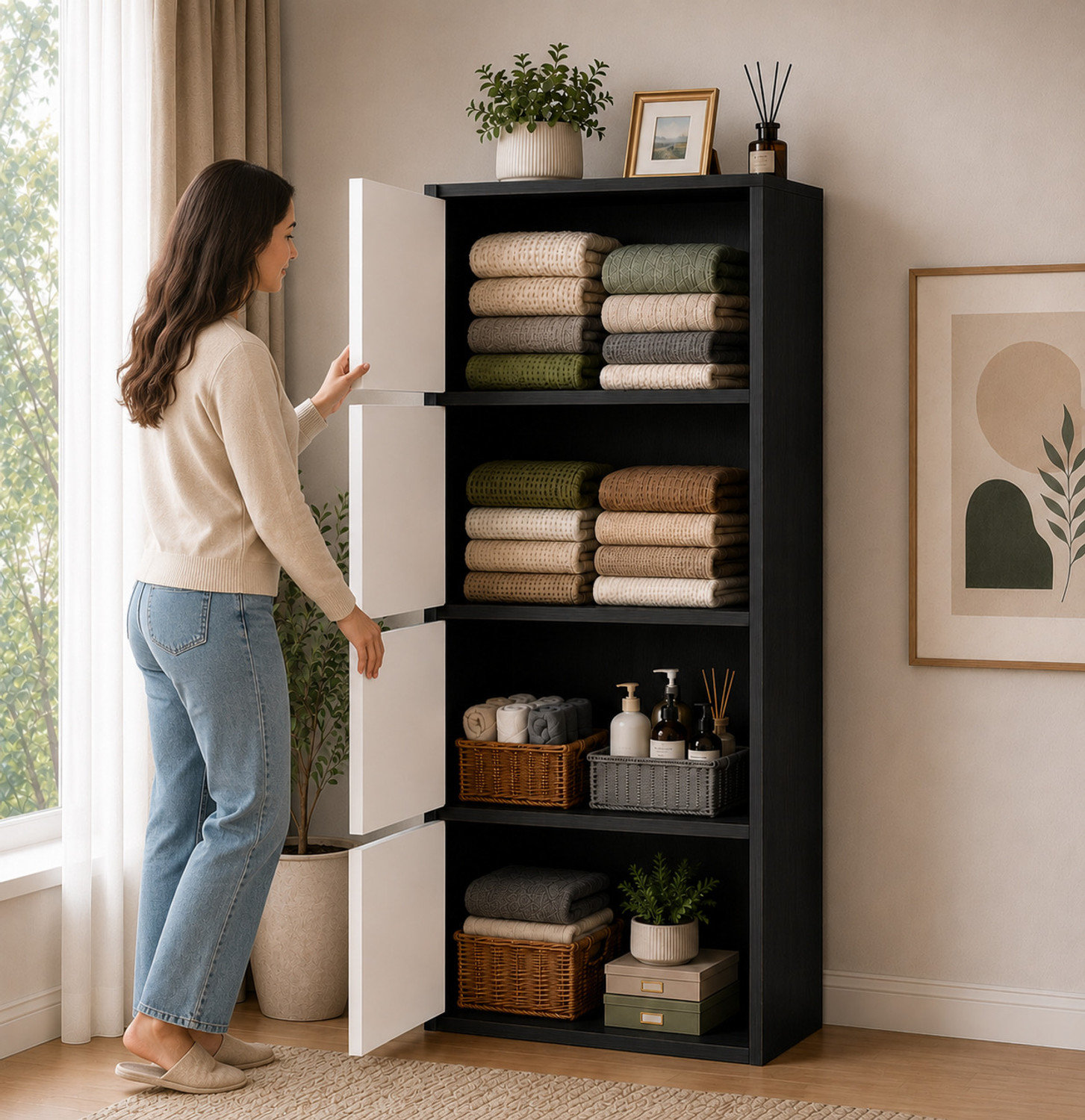 Image of Sasimo 4-Door 4-Shelf Closet Engineered Wood Collapsible Cupboard PC Collapsible Wardrobe