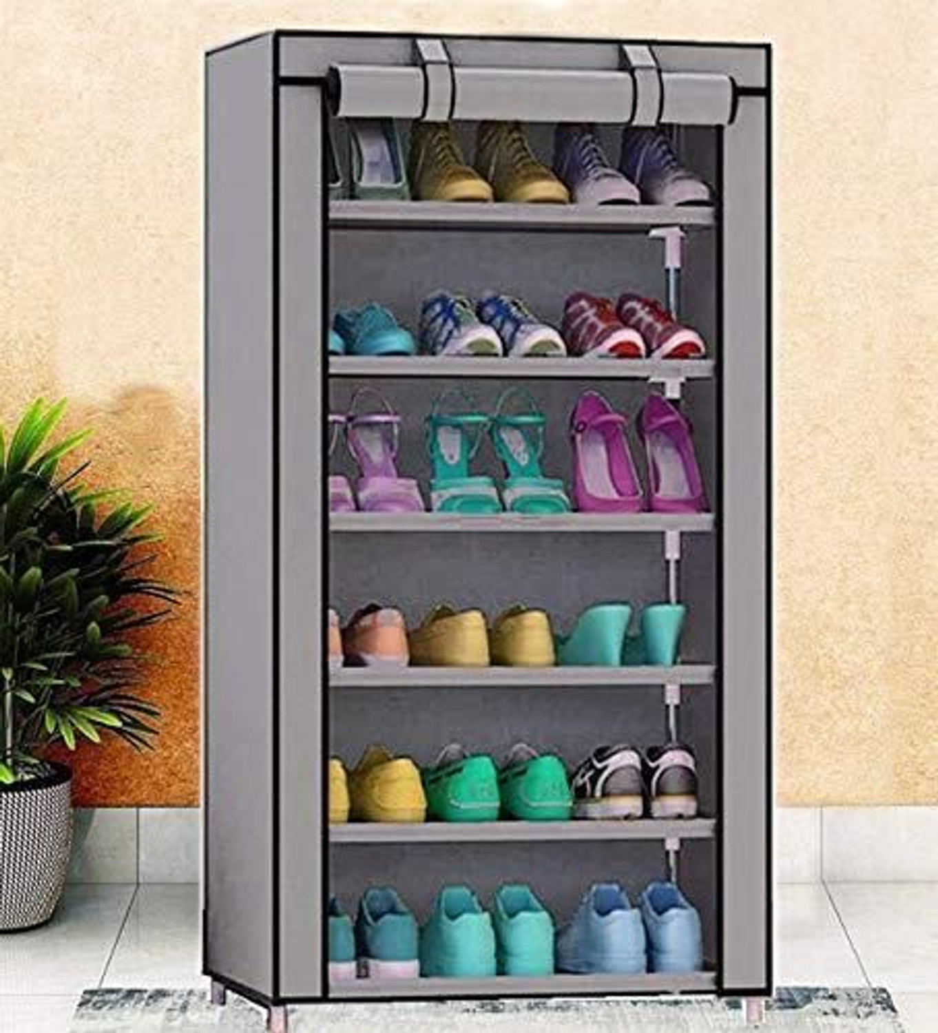 Image of ROCKING SHOP Shoe Rack Organizer with Cover | Dustproof Portable Storage Cabinet Plastic Collapsible Shoe Stand (Grey, 6 Shelves, DIY(Do-It-Yourself))