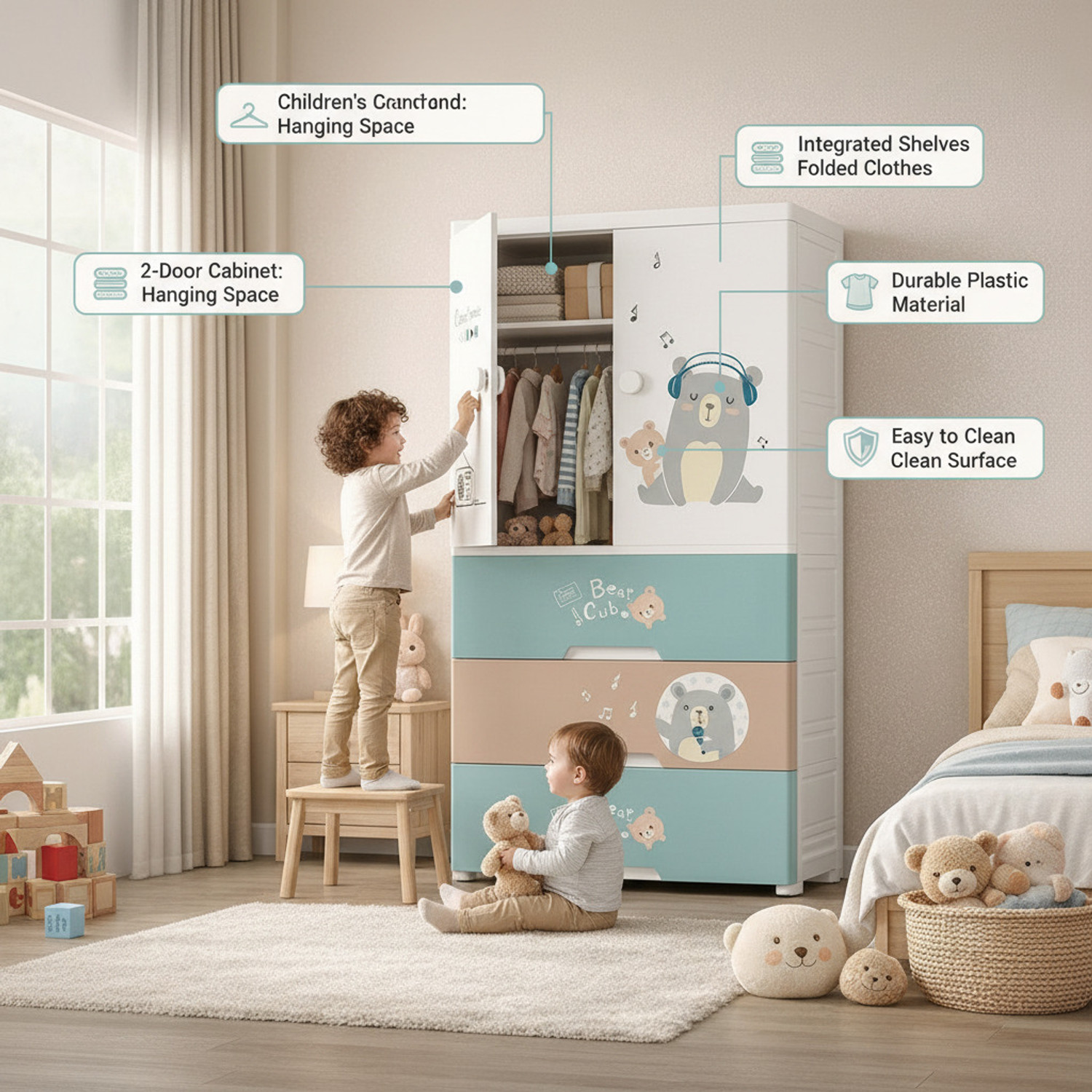 Image of Sasimo 1-Wardrobe 3-Drawer 4-Shelf Plastic foldable Cupboard PC Collapsible Wardrobe