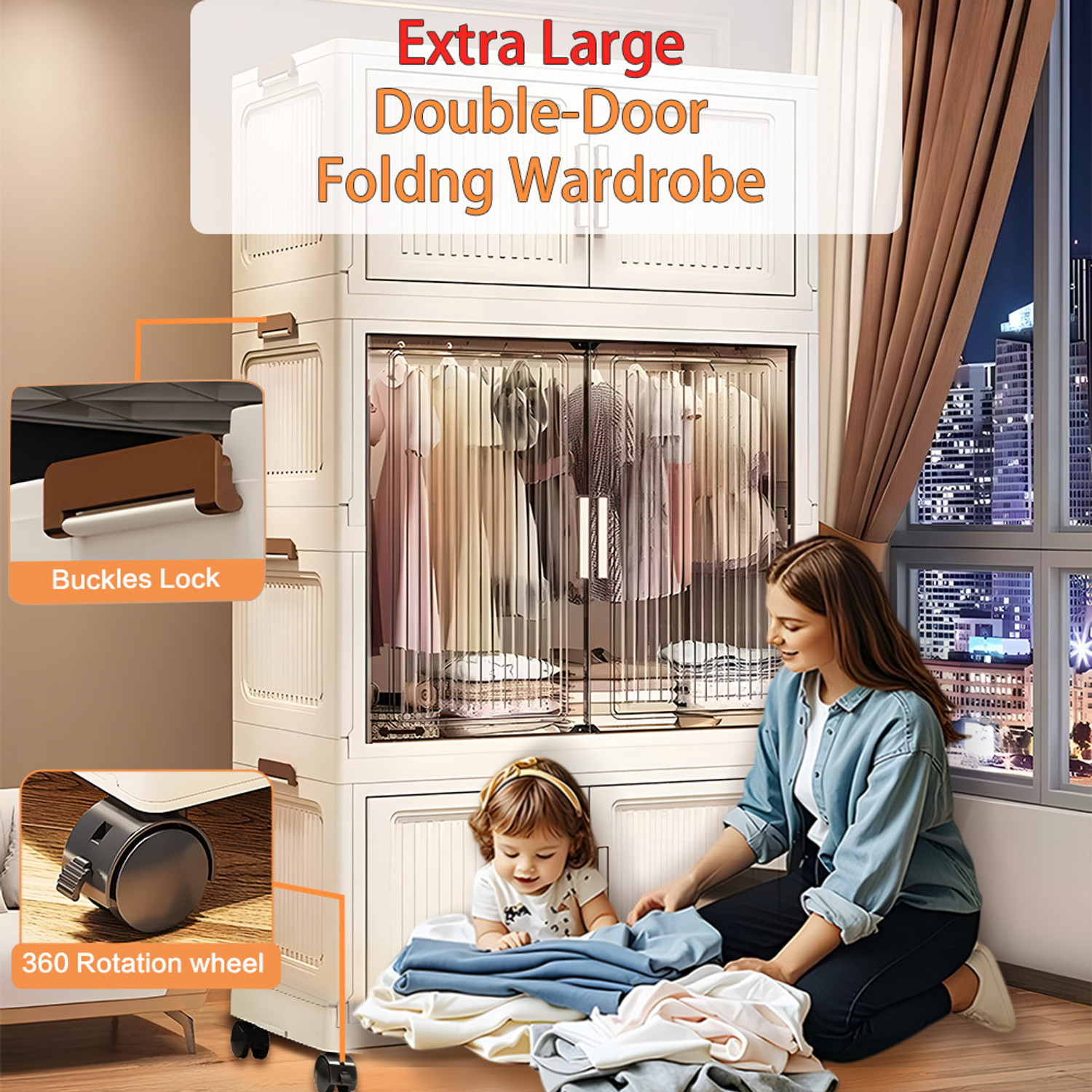 Image of Sasimo 1-Wardrobe 2-Door 1-Shelf Plastic foldable Cupboard PC Collapsible Wardrobe