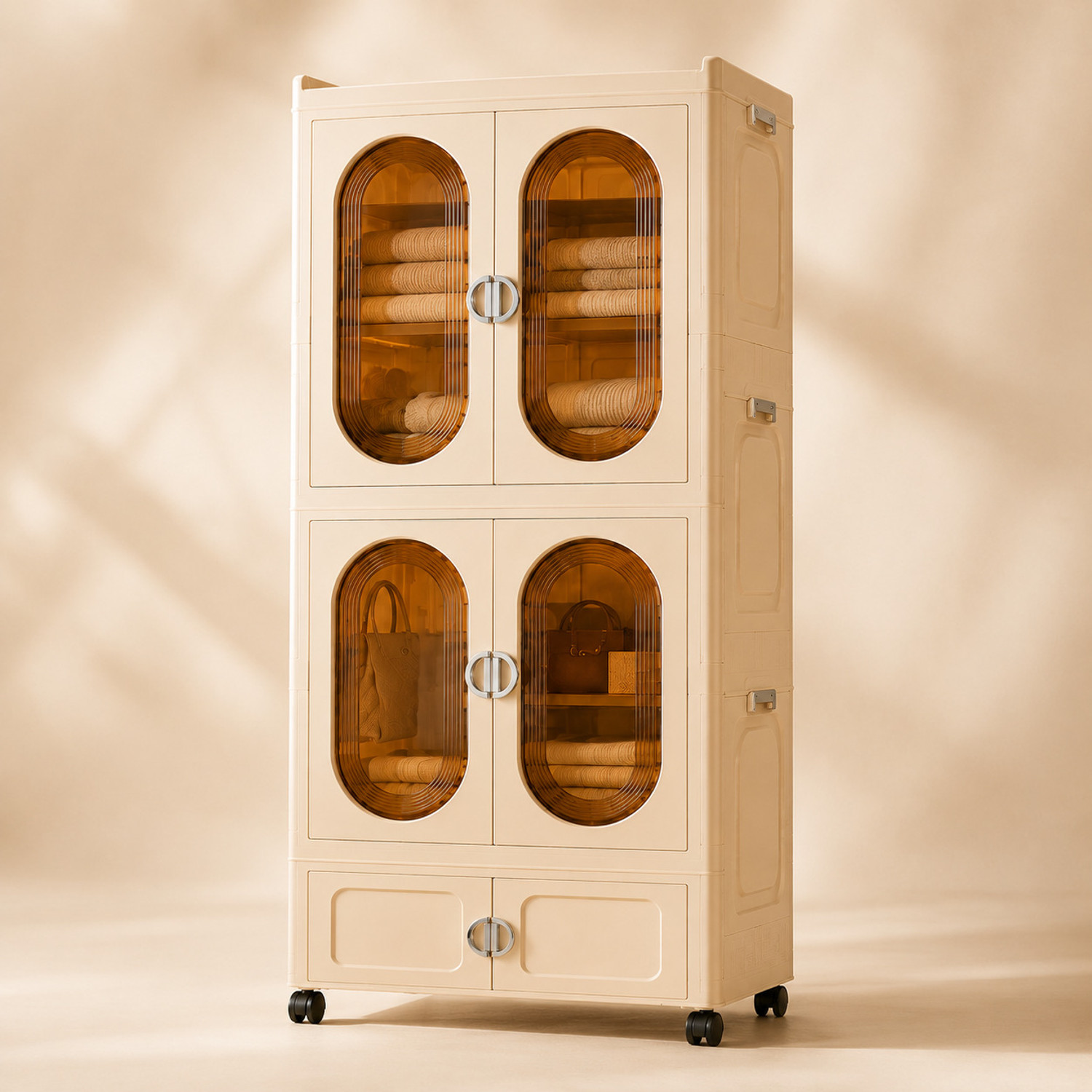 Image of KriShyam 3-Tier Plastic Storage Cabinet with Doors & Wheels, Translucent Amber Doors PP Collapsible Wardrobe