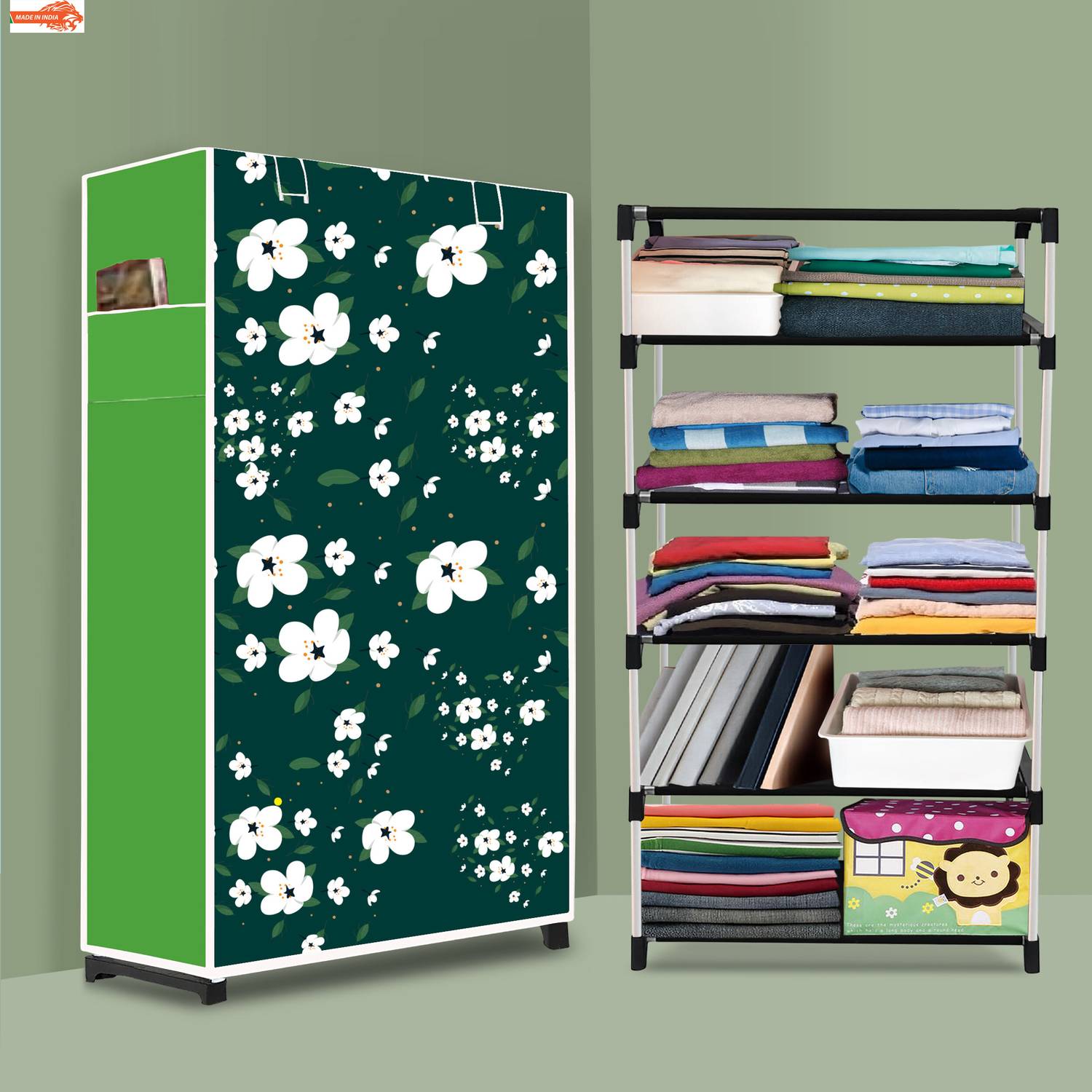 Ascension 5 Shelf Foldable Collapsible Wardrobe Storage Organizer Almirah Cloth Rack PVC Collapsible Wardrobe