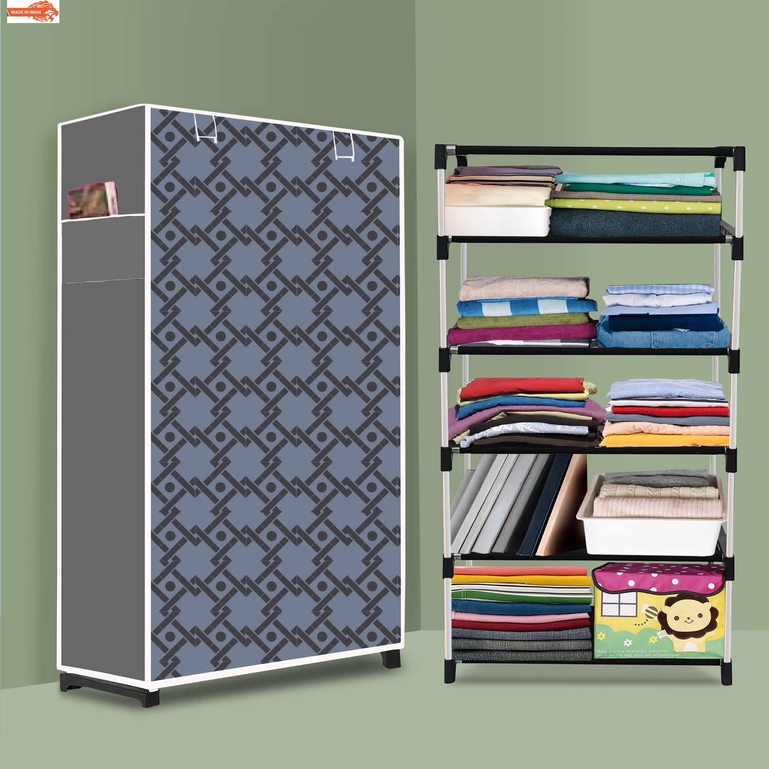 Ascension 5 Shelf Foldable Collapsible Wardrobe Storage Organizer Almirah Cloth Rack PVC Collapsible Wardrobe