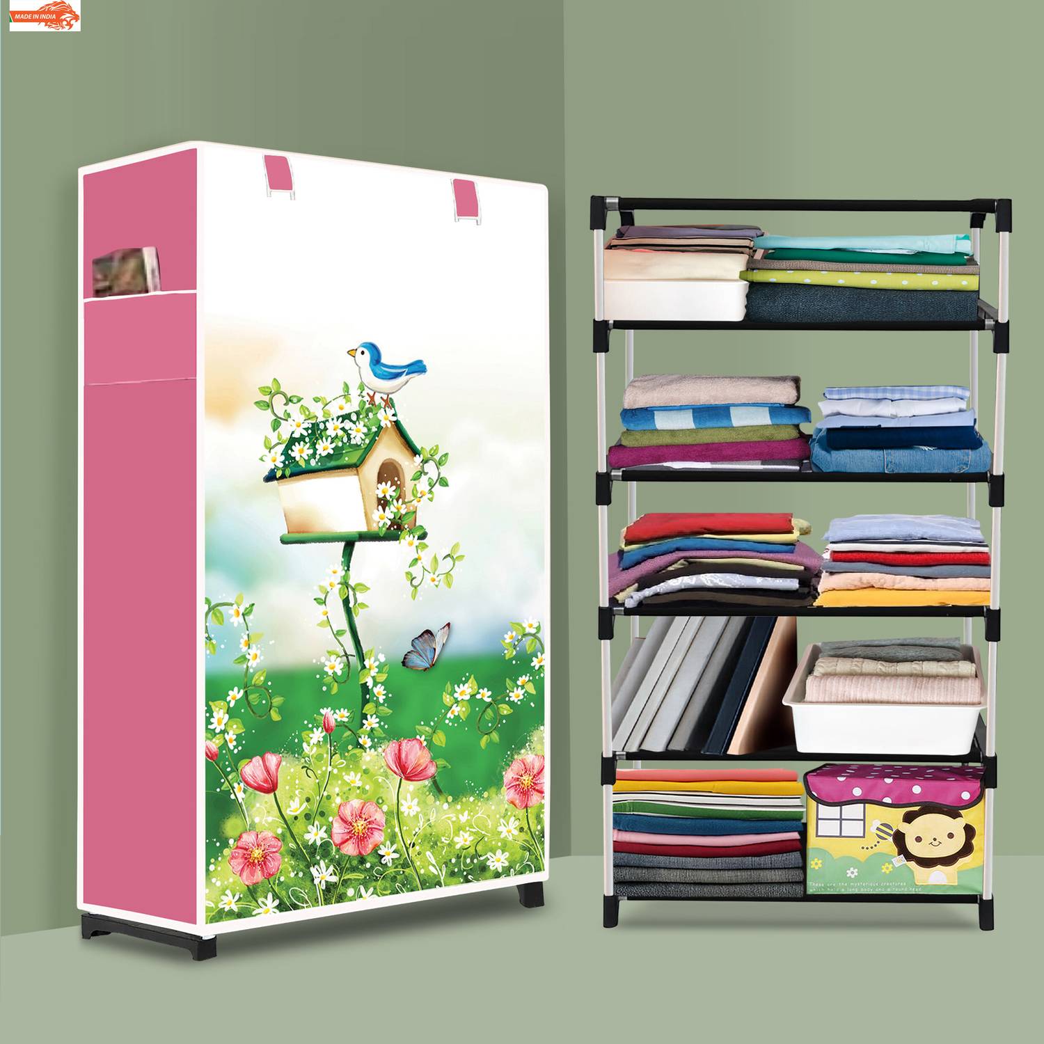 Ascension 5 Shelf Foldable Collapsible Wardrobe Storage Organizer Almirah Cloth Rack PVC Collapsible Wardrobe