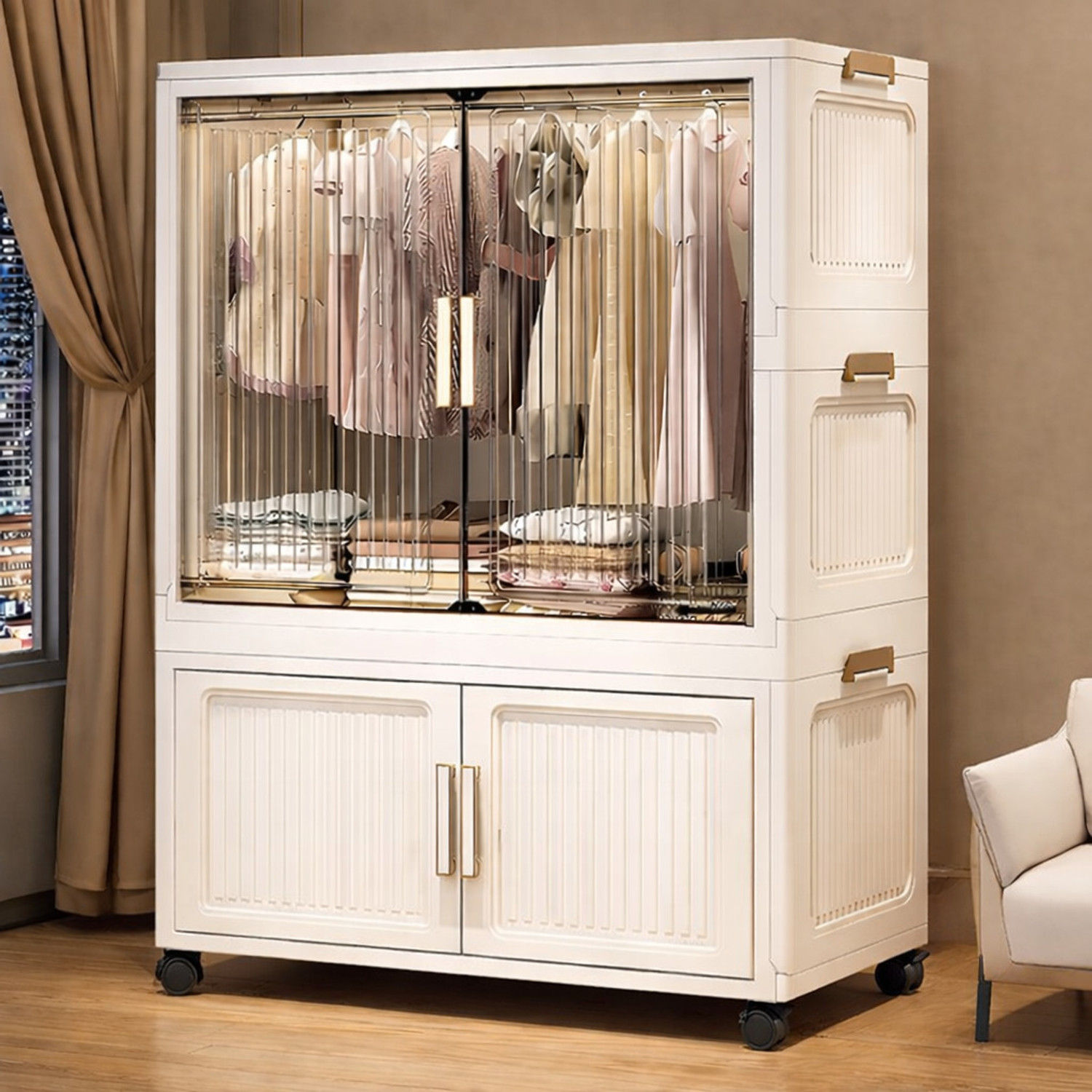 Image of Sasimo 1-Wardrobe 4-Door 2-Shelf Plastic foldable Cupboard PC Collapsible Wardrobe