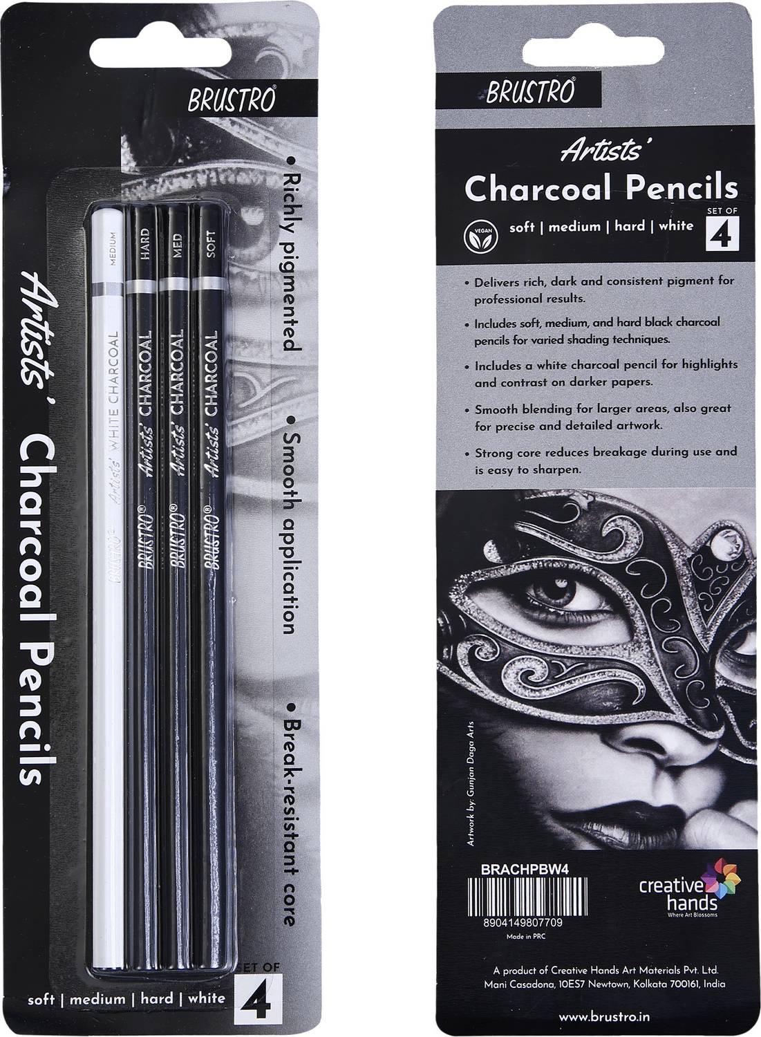 BRuSTRO Artists Charcoal Pencils (4 Black, 1 White) - Image 1