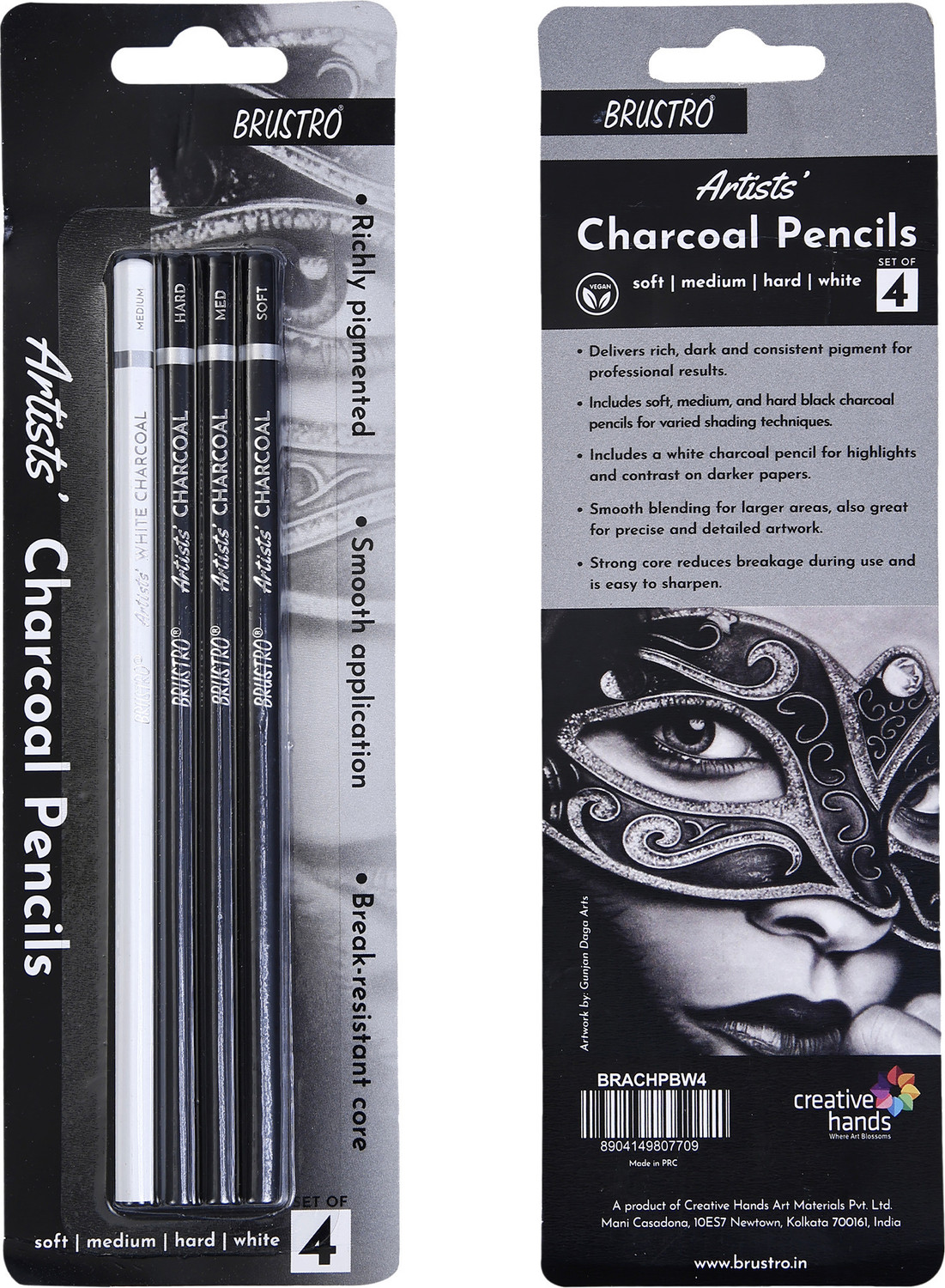 Image of BRuSTRO Artists Charcoal Pencil (3 Black - Soft, Medium, Hard and 1 White - Medium) Round Shaped Color Pencils