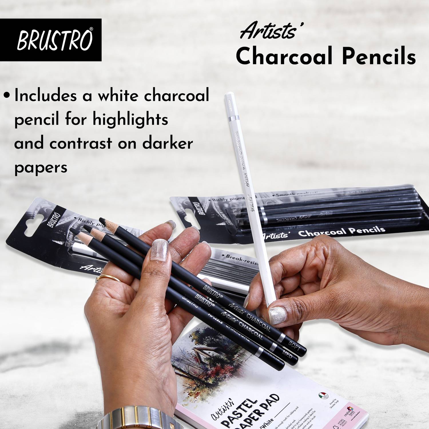 BRuSTRO Artists Charcoal Pencils (4 Black, 1 White) - Image 5