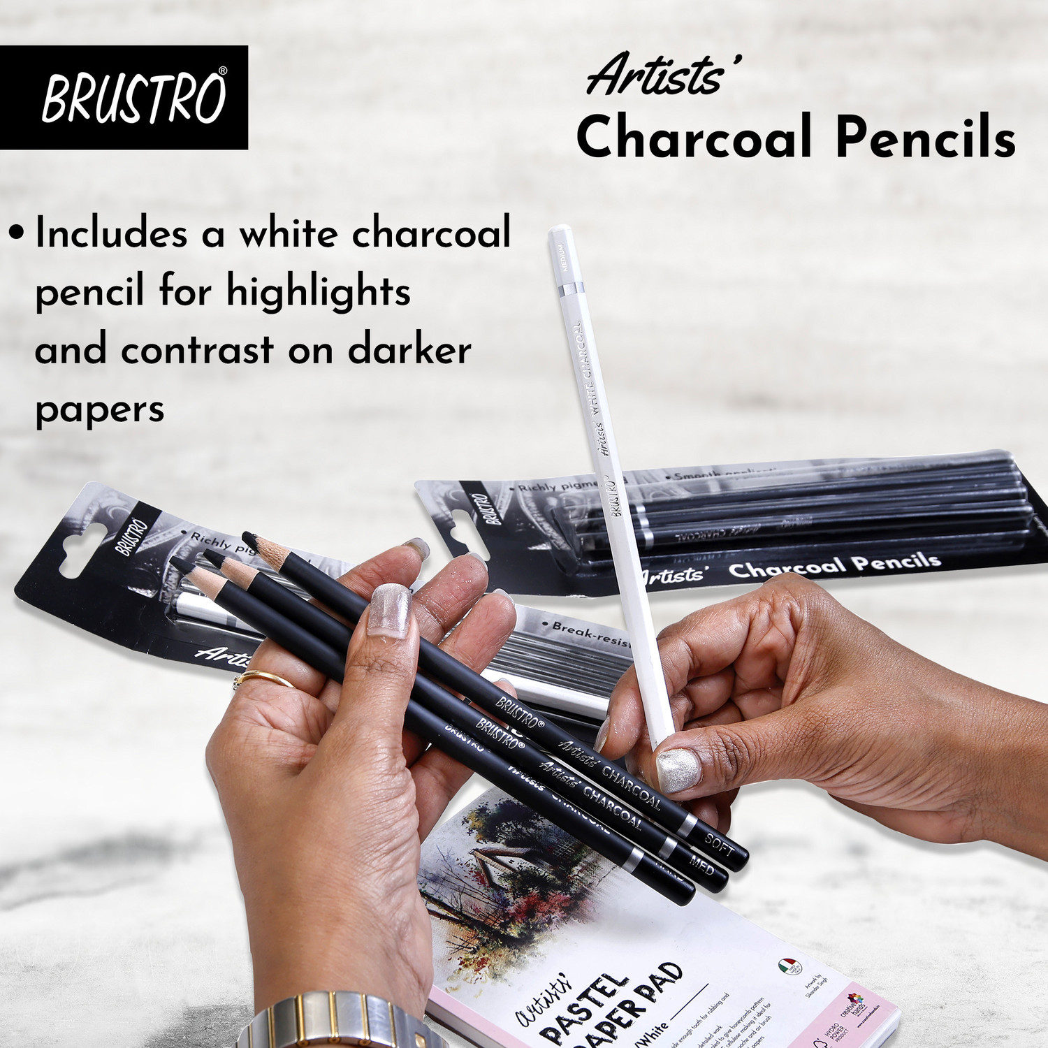 Image of BRuSTRO Artists Charcoal Pencil (3 Black - Soft, Medium, Hard and 1 White - Medium) Round Shaped Color Pencils