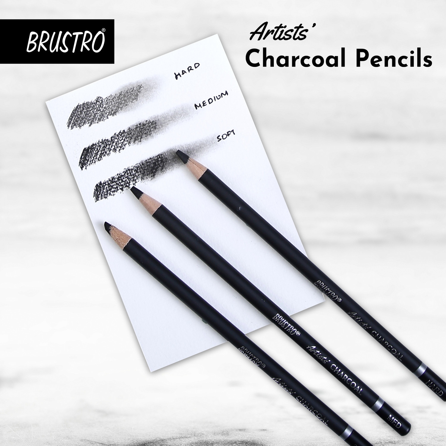 Image of BRuSTRO Artists Charcoal Pencil (3 Black - Soft, Medium, Hard and 1 White - Medium) Round Shaped Color Pencils