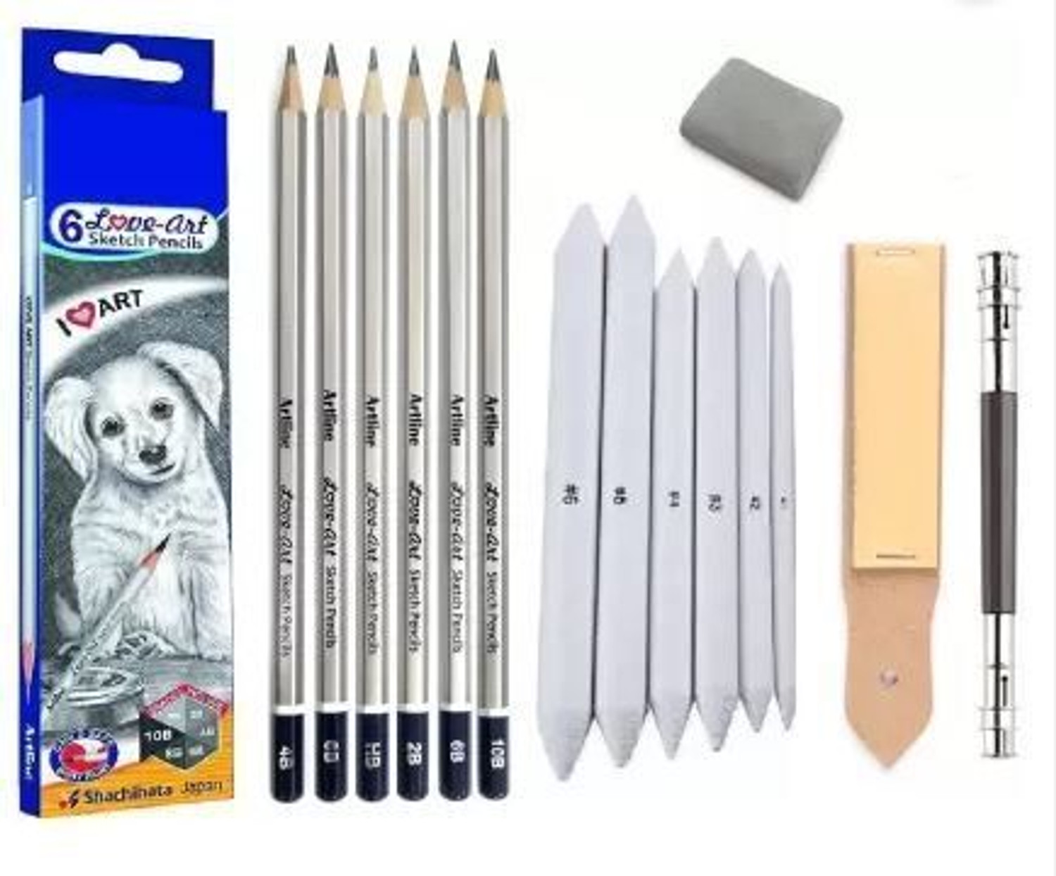 Image of Ortan 6Sketch & Blending Pencil+Stump Sharpener+1 Kneadable Eraser &13cm Pencil Extndr Round, etc Shaped Color Pencils
