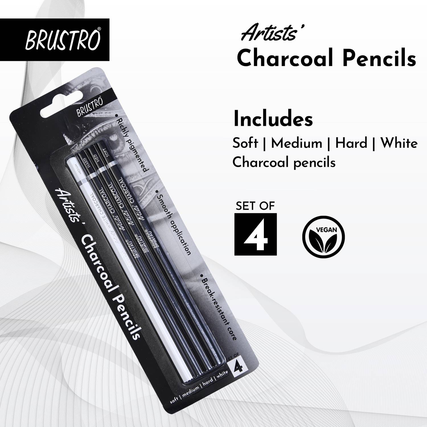 BRuSTRO Artists Charcoal Pencils (4 Black, 1 White) - Image 2