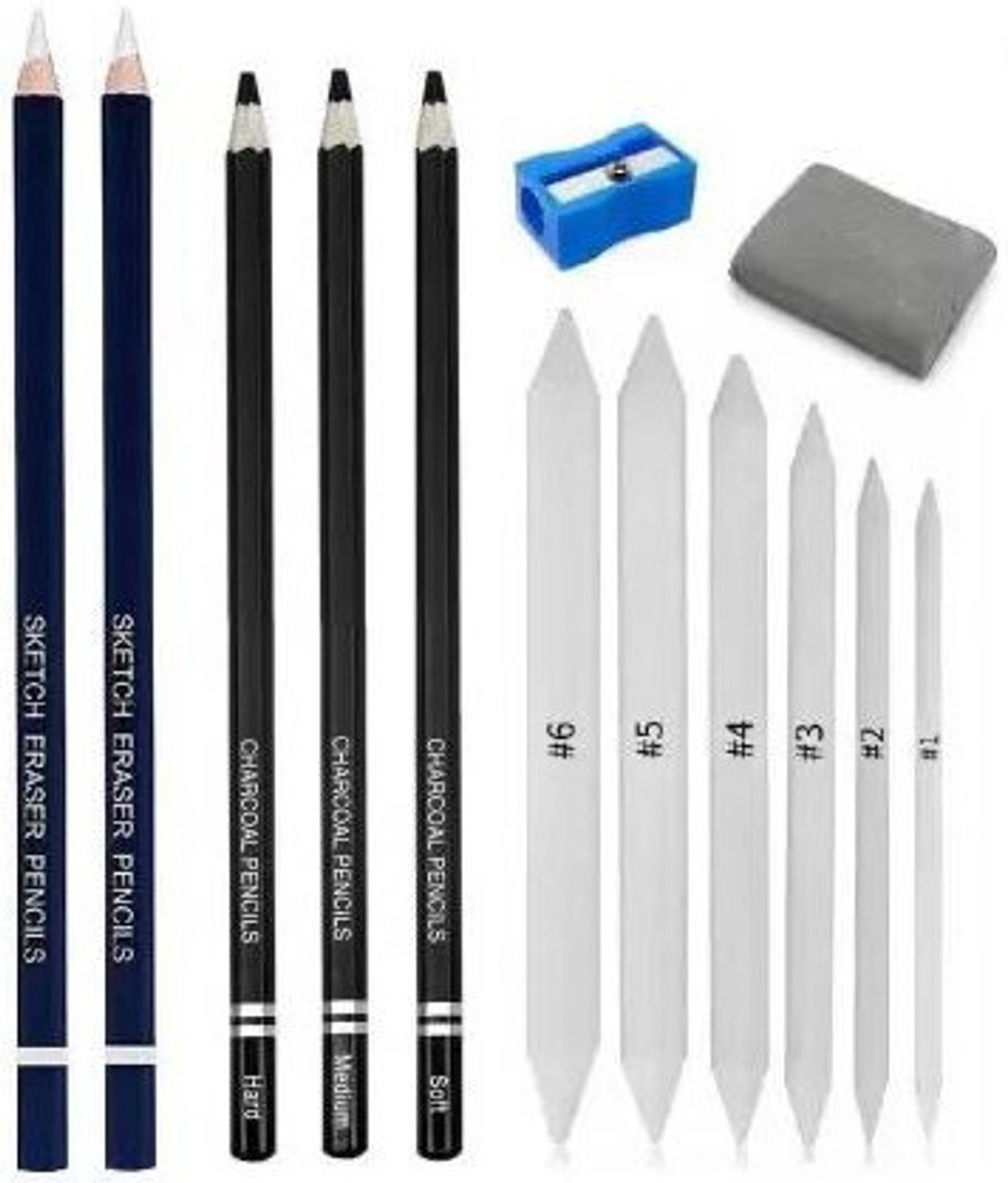 Aashwi 2Pc Eraser Pencils, 3Pc Black Charcoal Pencils, Blend Stumps & Kneadable Eraser Round, etc Shaped Color Pencils