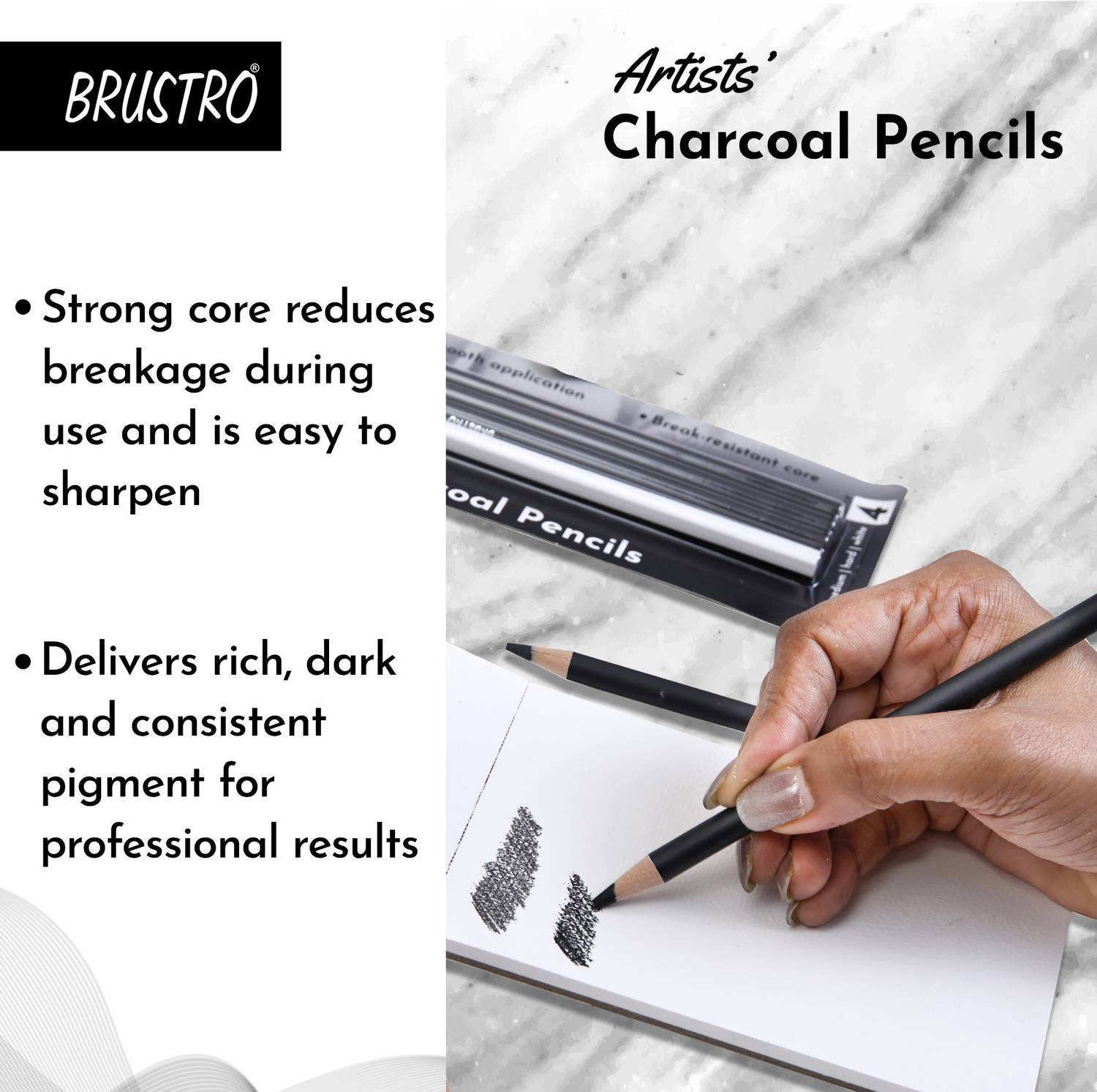 BRuSTRO Artists Charcoal Pencils (4 Black, 1 White) - Image 4